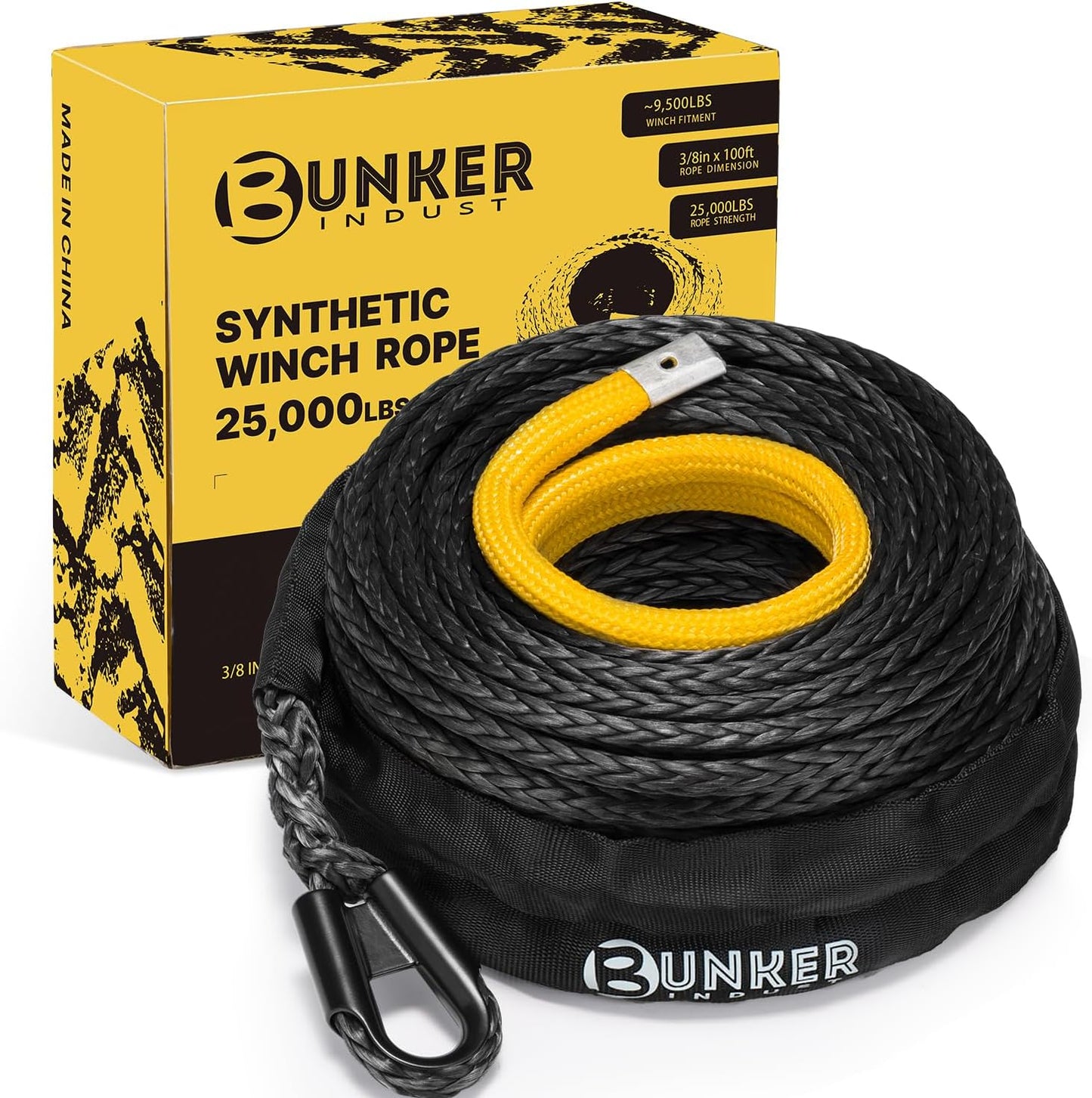 BUNKER INDUST 3/8" x 100' Synthetic Winch Rope, 25000LBS Winch Cable with Protective Sleeve 100ft Winch Line Black Replacement for Off-Road Vehicles, Trucks, SUVs