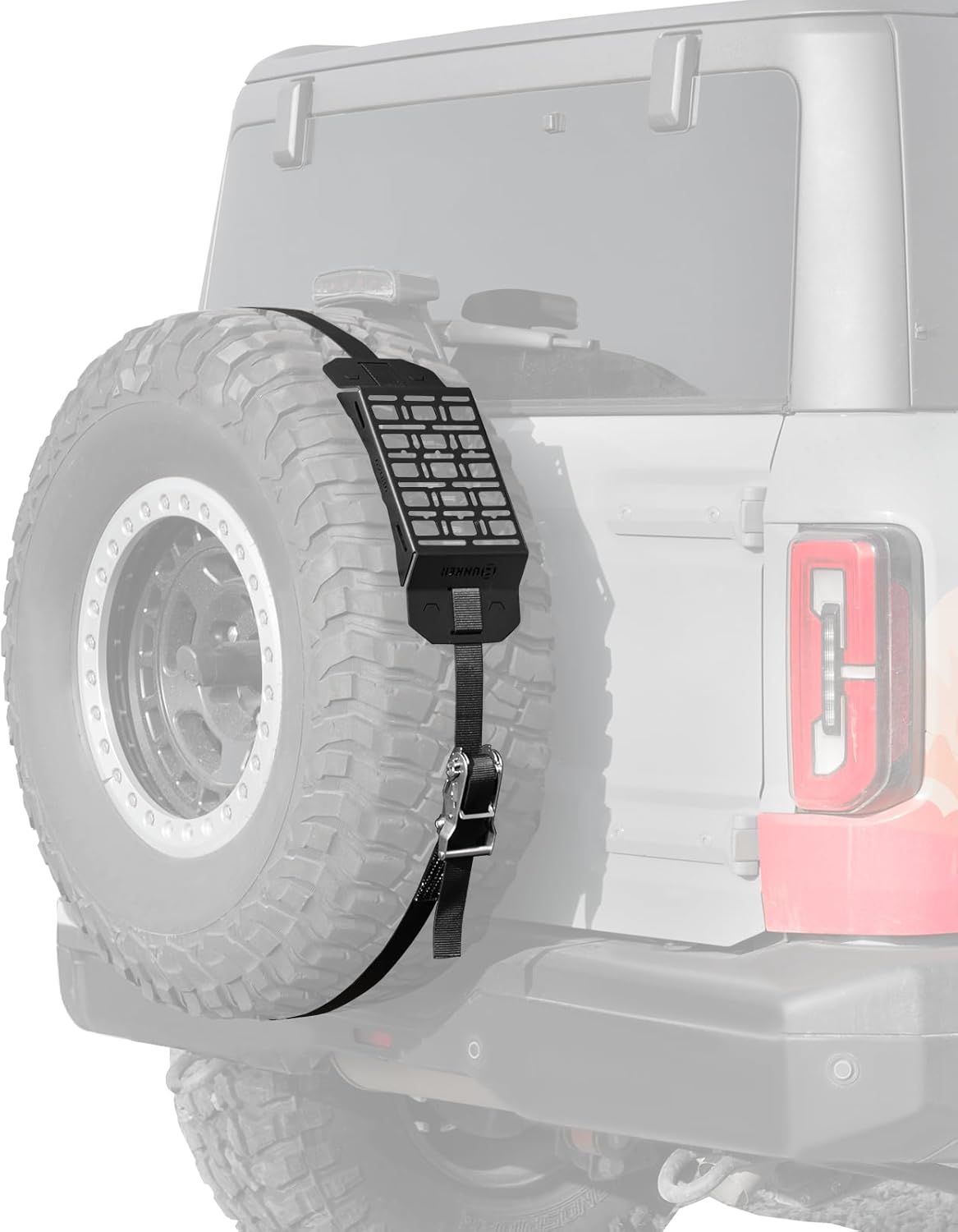 BUNKER INDUST Spare Tire Rack, Spare Tire Accessory Mount Bracket with Ratchet Strap for 31” - 40” Diameter Tires for 4x4 Off-Road