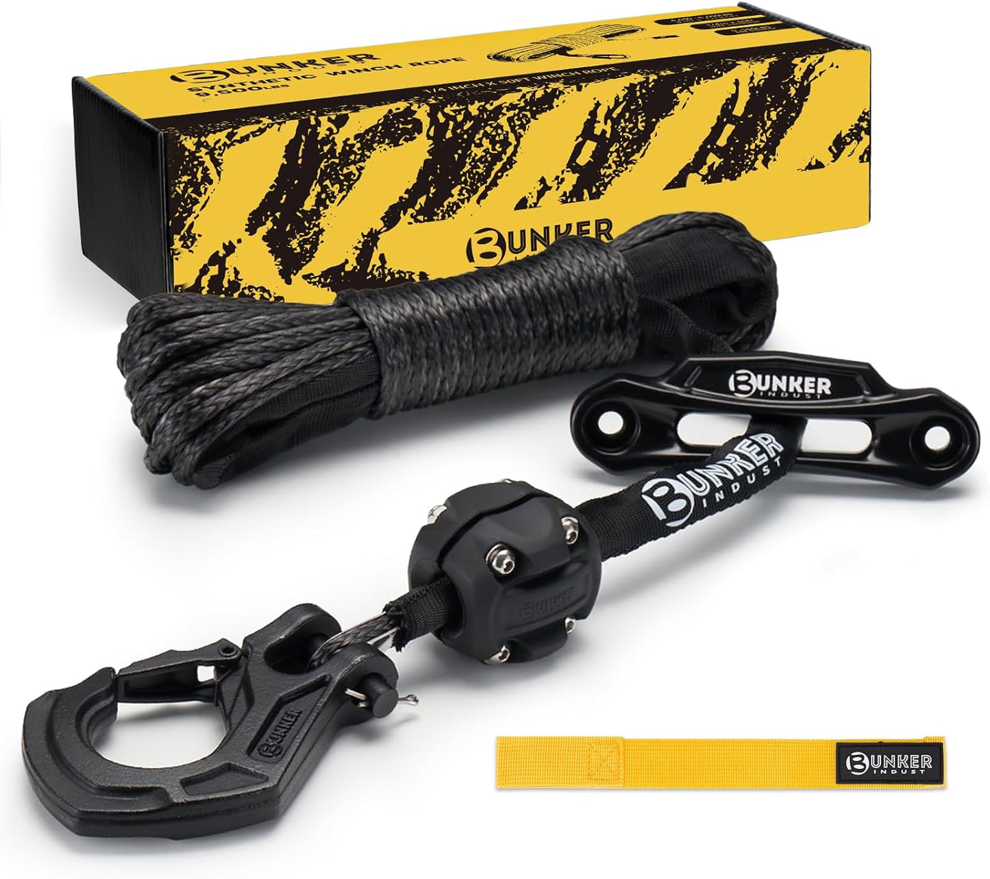 BUNKER INDUST Synthetic Winch Rope Kit,3/16" x 50' 8200 LBS Winch Line Cable Replacement with Protective Sleeve+Winch Fairlead+ Stopper+Hook for 4WD Off Road Vehicle ATV UTV SUV(Black)