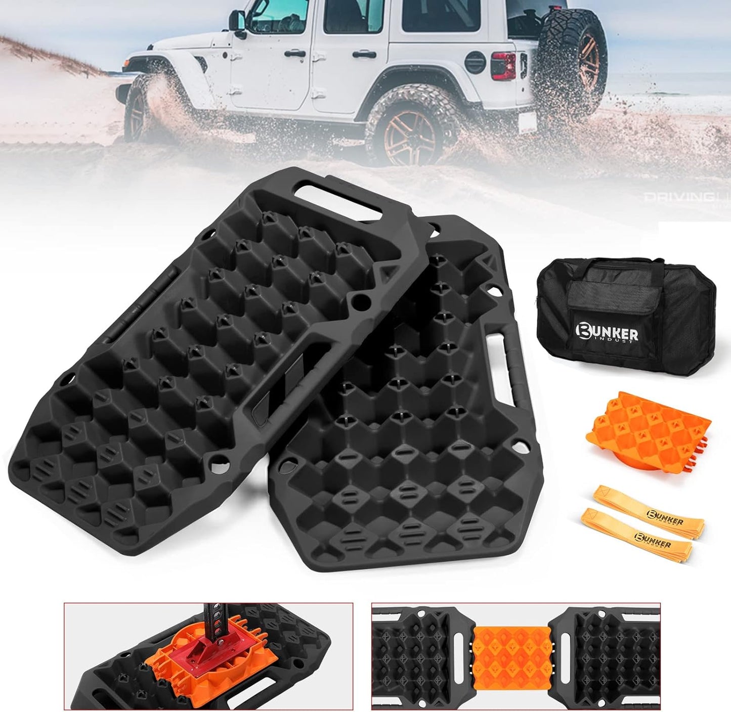 BUNKER INDUST Offroad Traction Boards with Jack Base,Multifunctional Extendable Recovery Track Tire Traction Mat Snow Mud Sand Tracks-4X4 ATV UTV SUV Truck Traction Pads with Bag, Black (Gen 8)