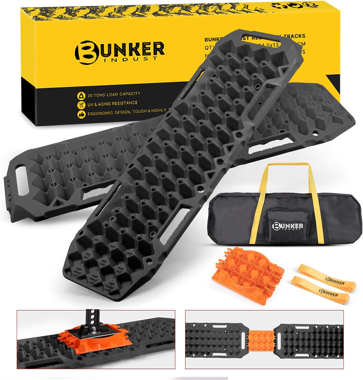 BUNKER INDUST Off-Road Traction Boards with Jack Lift Base,2 Pcs Multifunctional Recovery Track Ramp Traction Mat for 4WD UTV SUV Truck-Mud, Sand, Snow Tire Traction Devices Black with Carry Bag