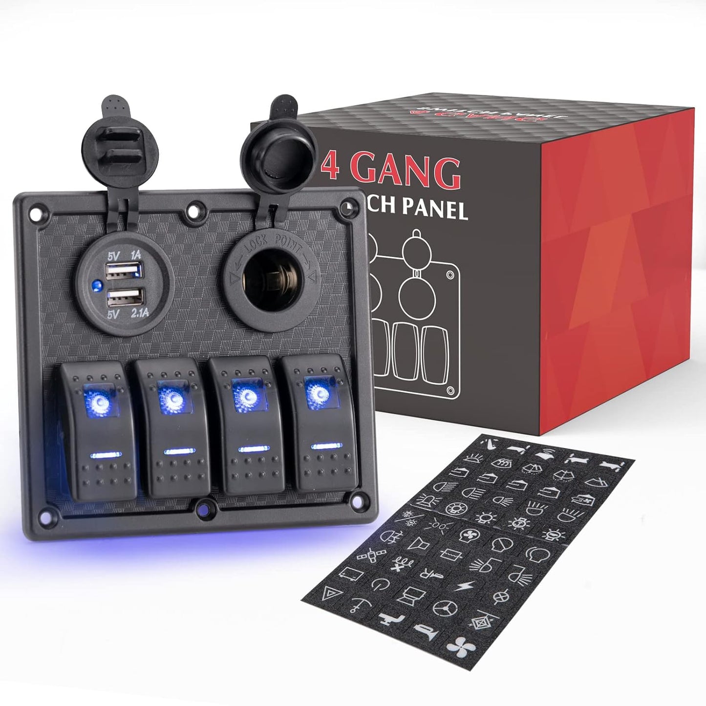 BUNKER INDUST 4 Gang Rocker Switch Aluminum Panel with Dual USB Port Charger Socket & Cigarette Lighter Socket Blue LED Light Waterproof On Off Toggle Switch for 12V/24V DC Marine Boat Truck Car ATVs