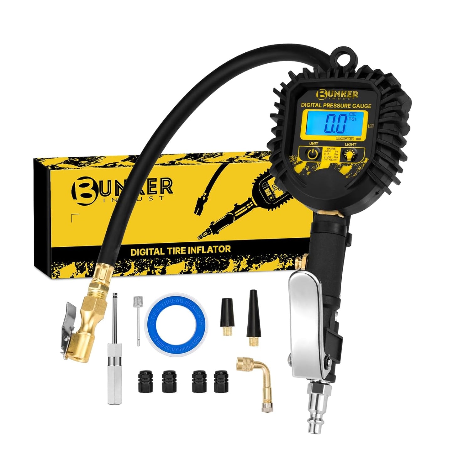 BUNKER INDUST Digital Tire Inflator with Pressure Gauge, Heavy Duty Air Chuck and Compressor Accessories with Built-in Top Light and Quick Connect Coupler, 0-250 PSI
