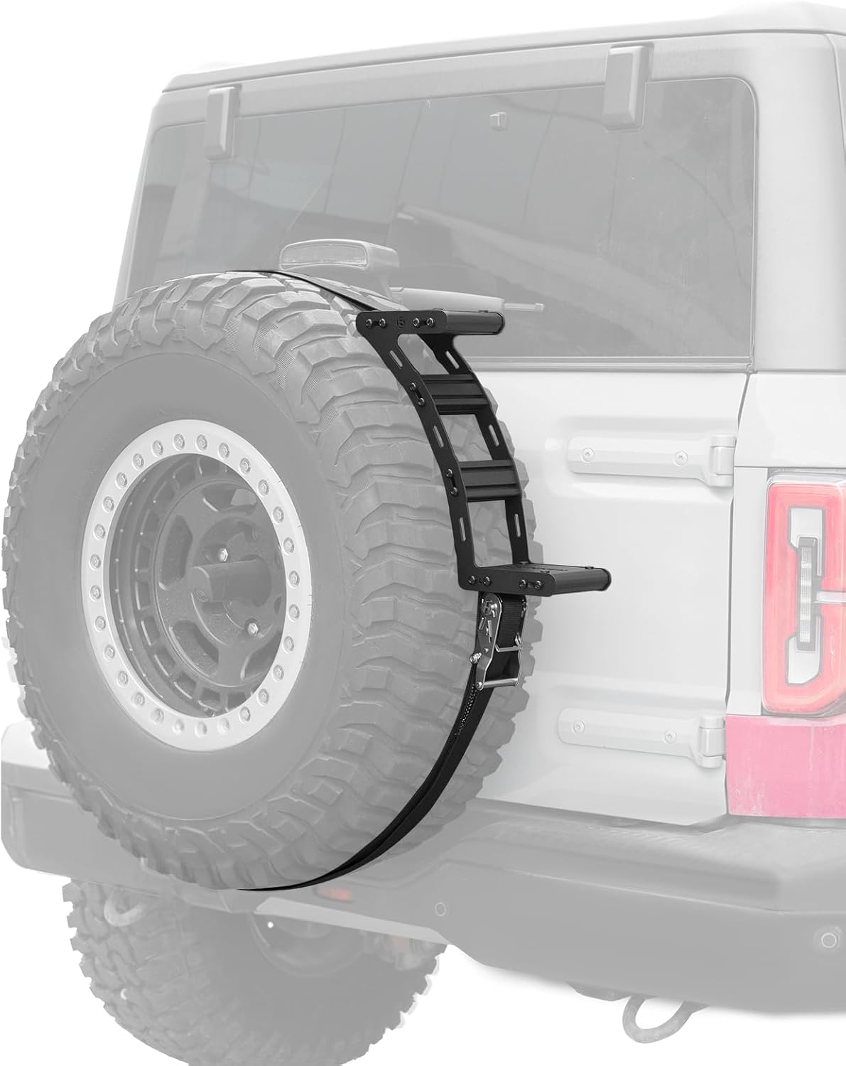 BUNKER INDUST Spare Tire Step with Ratchet Strap for 31"-40" Tires, Heavy Duty Spare Wheel Step Nonslip Ladder for Vehicle Car SUV Roof Rack Cargo Access