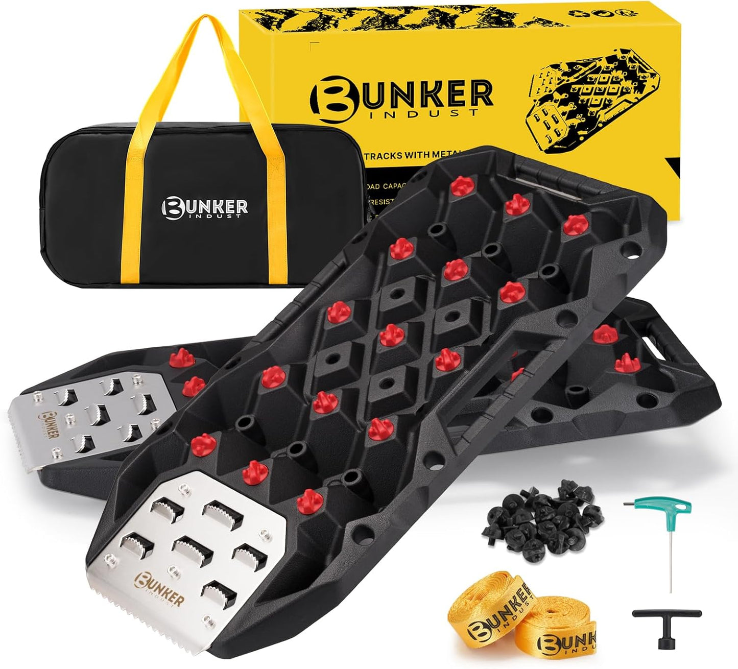 BUNKER INDUST Offroad Traction Boards with Jack Base, Pair Portable Recovery Track Tire Traction Mat - Black Sand,Mud,Snow Tracks(Replaceable Dual Colors Teeth/Rugged Steel Plate), Gen 12th
