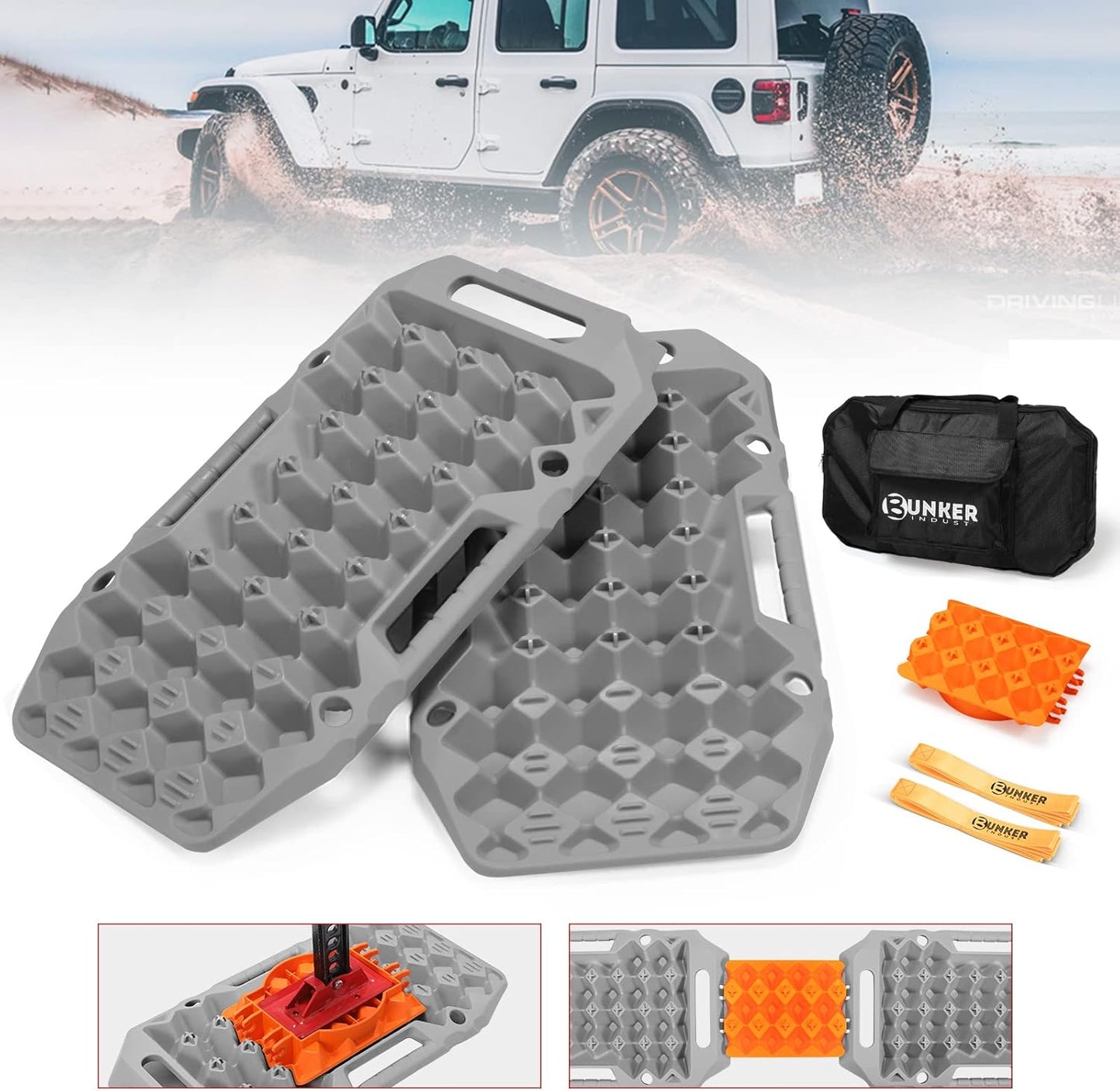 BUNKER INDUST Offroad Traction Boards with Jack Base,Multifunctional Extendable Recovery Track Tire Traction Mat Snow Mud Sand Tracks-4X4 ATV UTV SUV Truck Traction Pads with Bag, Black (Gen 8)