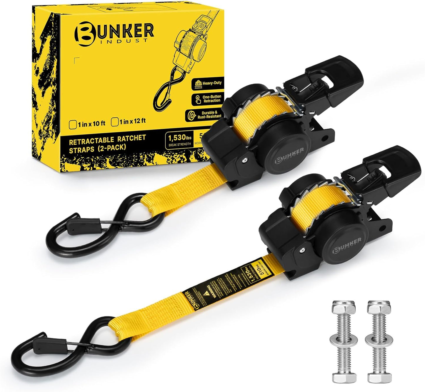 BUNKER INDUST Retractable Ratchet Straps 1" x 10', 2 Pack Bolt-On Tie Down Straps with Safety S-Hooks, Auto Self-Retracting Cargo Straps 1,530 lbs Break Strength for Boat, Trailer, Truck, ATV, UTV
