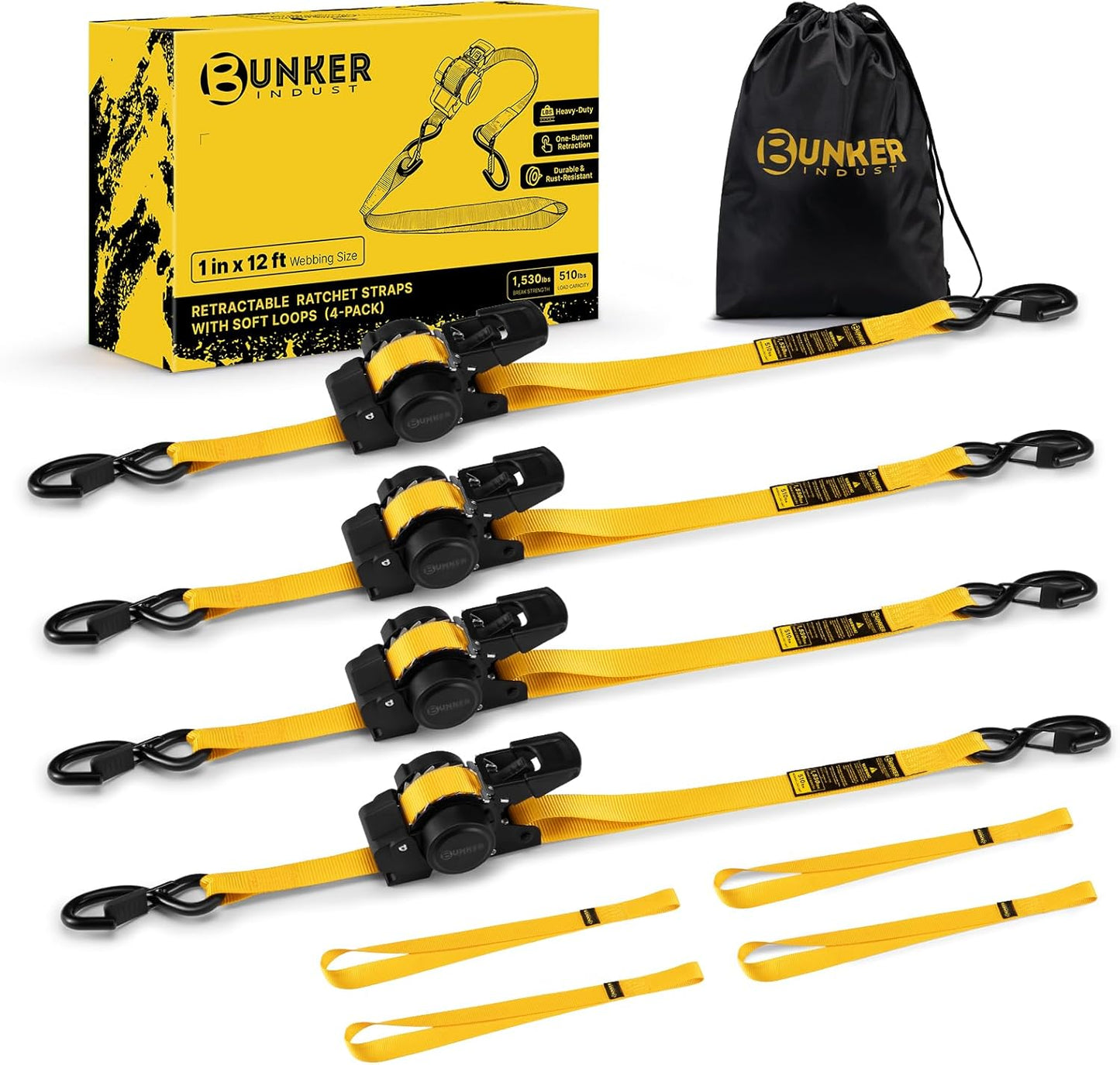 BUNKER INDUST Retractable Ratchet Straps 1" x 12', Heavy Duty Auto Self Retracting Tie Down Straps 1530 lbs Break Strength Cargo Straps for Trailer, Truck, ATV, UTV, Motorcycle (4 Pack)