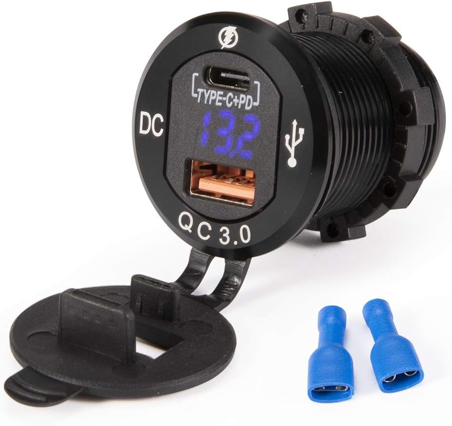 BUNKER INDUST Car Charger Socket Quick Charge 3.0QC,Dual Port USB Type C Outlet with Blue LED Digital Voltmeter,Aluminum Power Adapter 12V/24V Waterproof for Boat Marine UTV SUV RV Truck