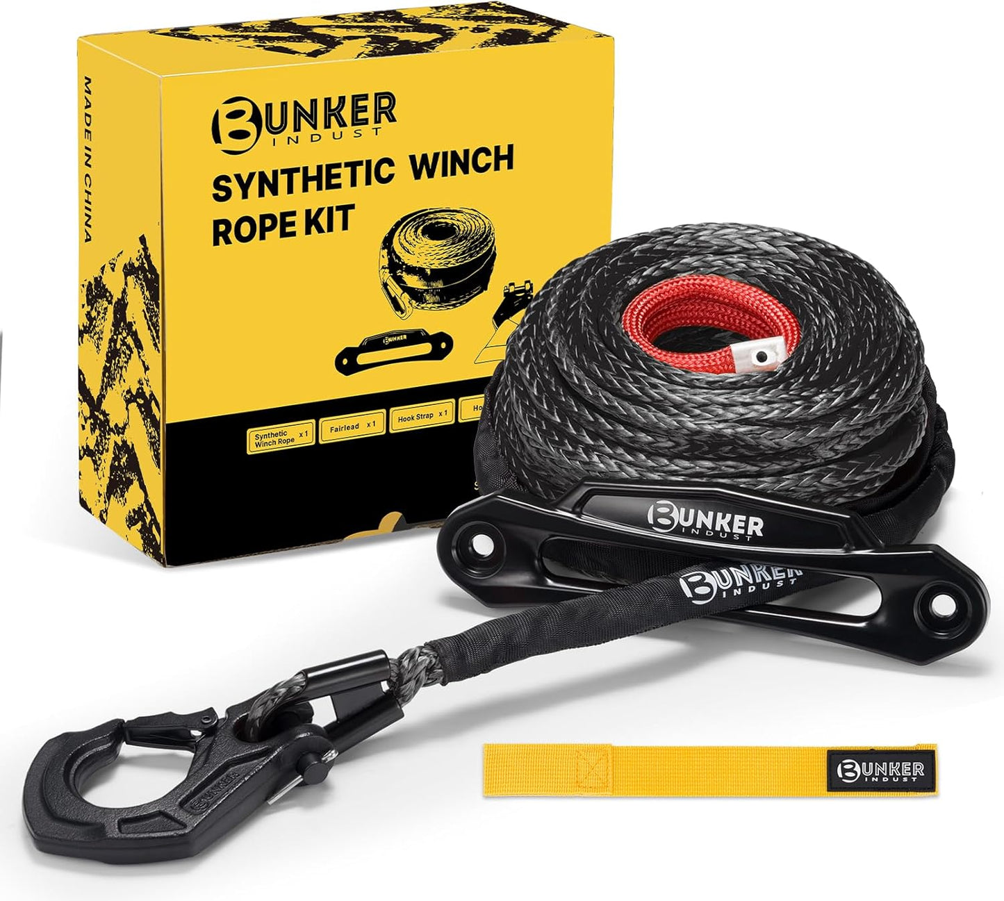 BUNKER INDUST Synthetic Winch Rope Kit,3/8" x 100' 23809LBS Winch Line Cable Replacement with Protective Sleeve+Winch Fairlead+Hook for 4WD Off Road Vehicle Jeep Truck ATV UTV SUV(Black)