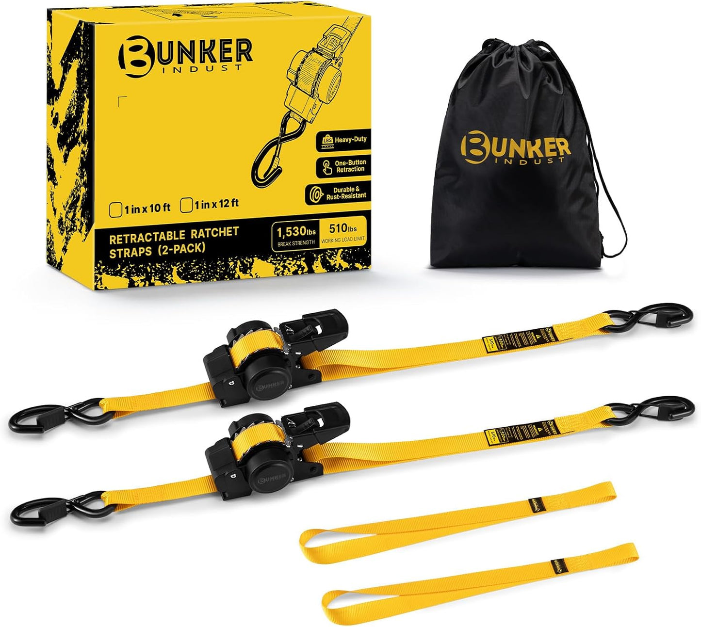 BUNKER INDUST Retractable Ratchet Straps 1" x 12', Heavy Duty Auto Self Retracting Tie Down Straps 1530 lbs Break Strength Cargo Straps for Trailer, Truck, ATV, UTV, Motorcycle (2 Pack)