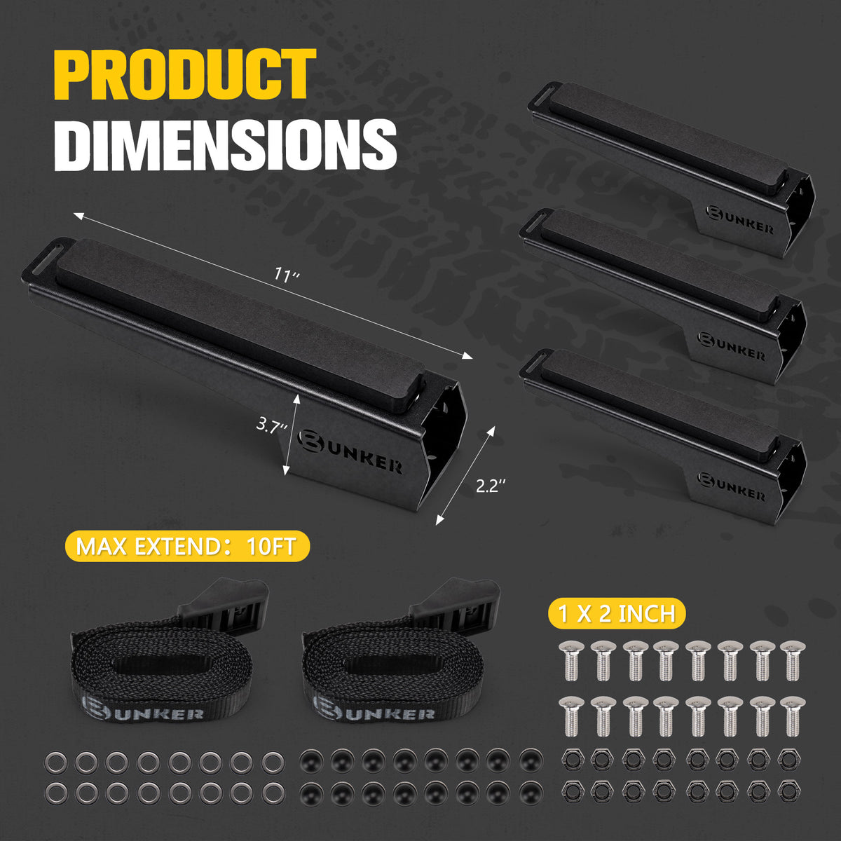 BUNKER INDUST Kayak Roof Rack Saddles, 4-Pcs Stainless Steel Kayak Carrier for Slotted Roof Platforms, EVA Padding & Tie-Down Straps, 110 lbs Capacity for Kayak Canoe SUP Surfboard, Black