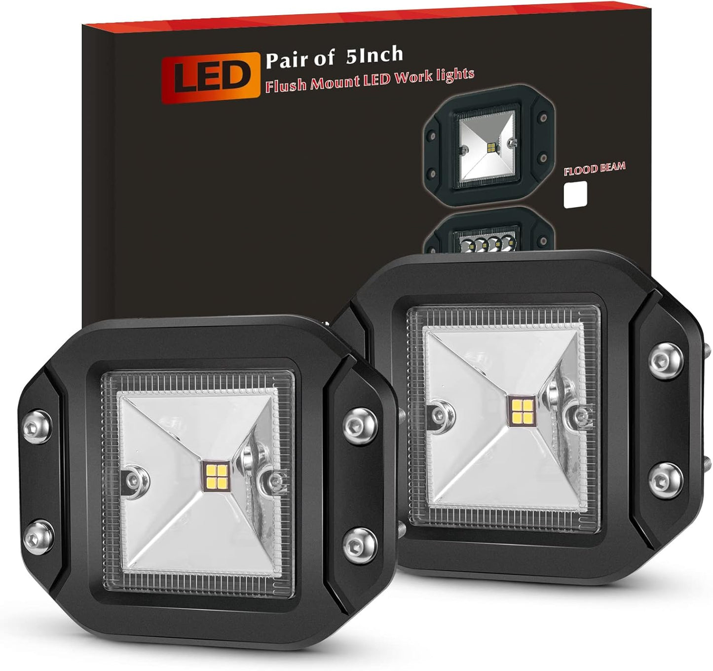BUNKER INDUST 5" Inch Flood LED Light Pods, Pair Flush Mount LED Work Light 4800LM Light Bar Backup Driving Lights Waterproof for Truck Tractor Off Road 4x4 Jeep Pickup SUV ATV UTV Golf Cart