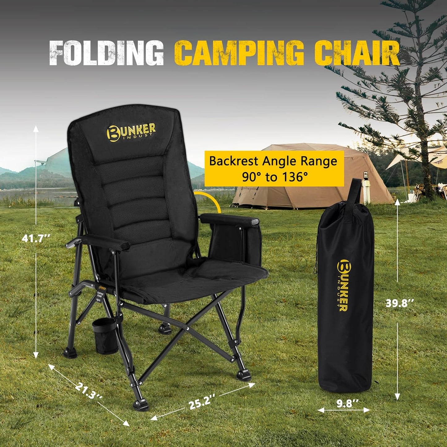 BUNKER INDUST Folding Camping Chair, Oversized with Padded Cushion, Outdoor Chair with Cup Holder Storage Pockets, Adjustable High Backrest Supports 450 LBS for Garden Beach Fishing Lawn