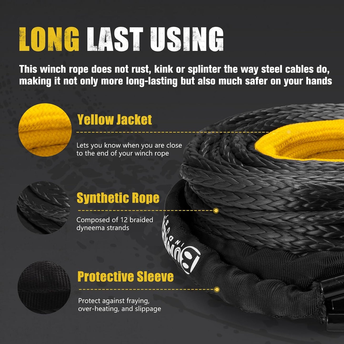 BUNKER INDUST Synthetic Winch Rope + D-Ring Shackle + Winch Hook,100ft x 3/8" 26500Lbs Winch Cable Replacement Kit with Protective Sleeve for Truck, Jeep Off-Road Recovery