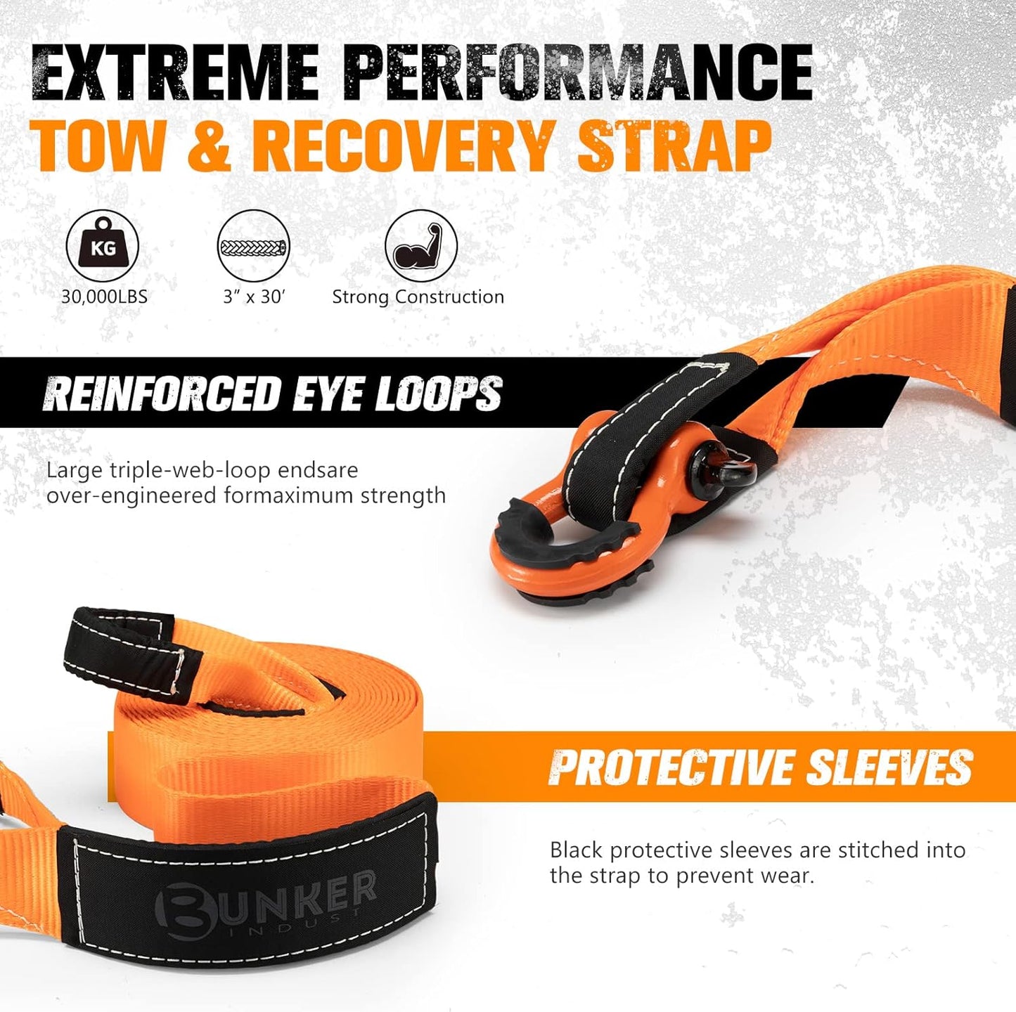 BUNKER INDUST Heavy Duty Tow Strap Recovery Kit,3" x 30ft 30,000lbs Snatch Strap + 2" Shackle Hitch Receiver + 5/8" Locking Pin + 3/4" D Ring Shackles with Isolator+ Bag,Off Road Gear Accessories