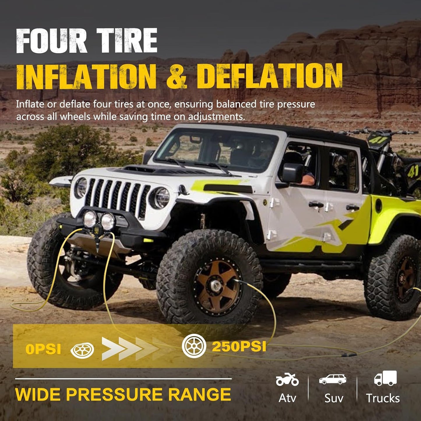 BUNKER INDUST 4 Tire Inflation Deflation System, Rapid High-Flow Air Up Down Kit with Digital Tire Pressure Gauge, 4 Wheels Off Road Tire Deflator Inflate-Up to 200" Wheelbase