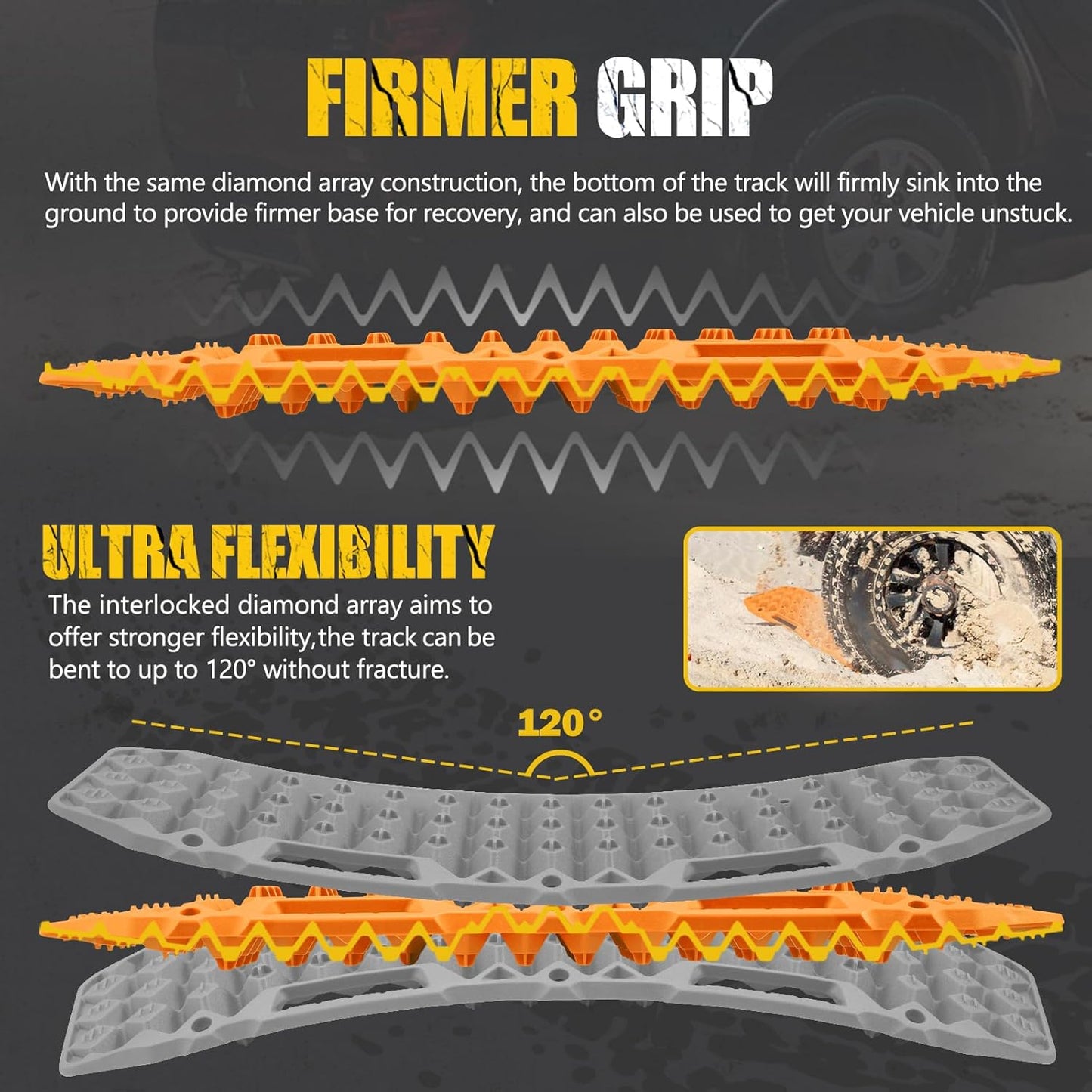 BUNKER INDUST Off Road Traction Boards, Pair Recovery Tracks Traction Mat for Vehicle Truck Jeep SUV, Mud, Snow, Sand Ramp-Orange Emergency Tire Traction Pads (Gen 10th)