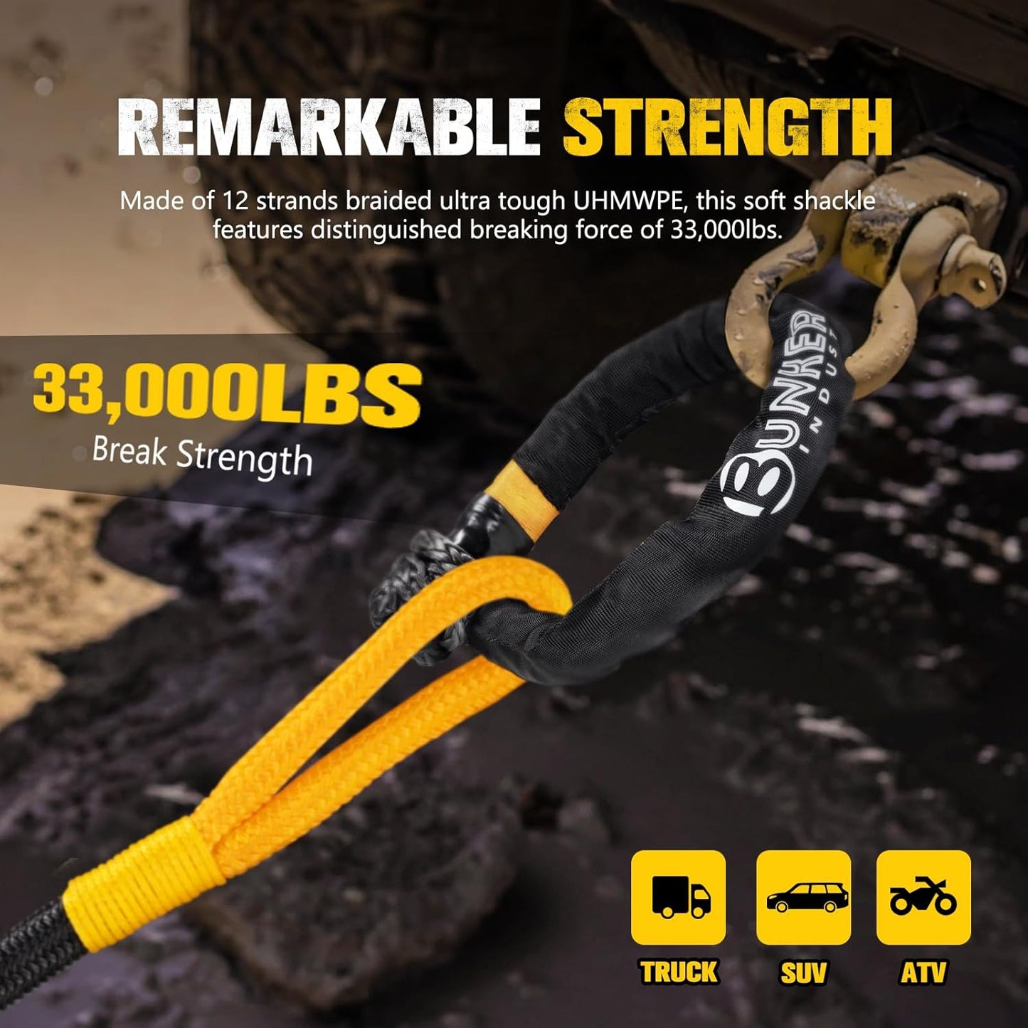 BUNKER INDUST Synthetic Soft Shackle with Winch Ring,Recovery Ring Snatch Rope Towing Straps Block Pulley Kit Winch Accessories for Off-Road ATV UTV Jeep Trailer Truck SUV 4x4