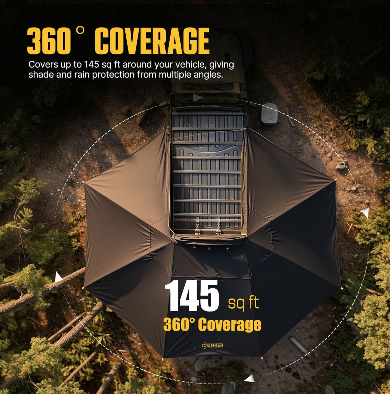 BUNKER INDUST 360° Freestanding Vehicle Awning, 145 Sq ft Large Coverage Car Side Awning with 3-Color LED Light, Waterproof Overland Shelter for SUV Truck Van Offroad Camping