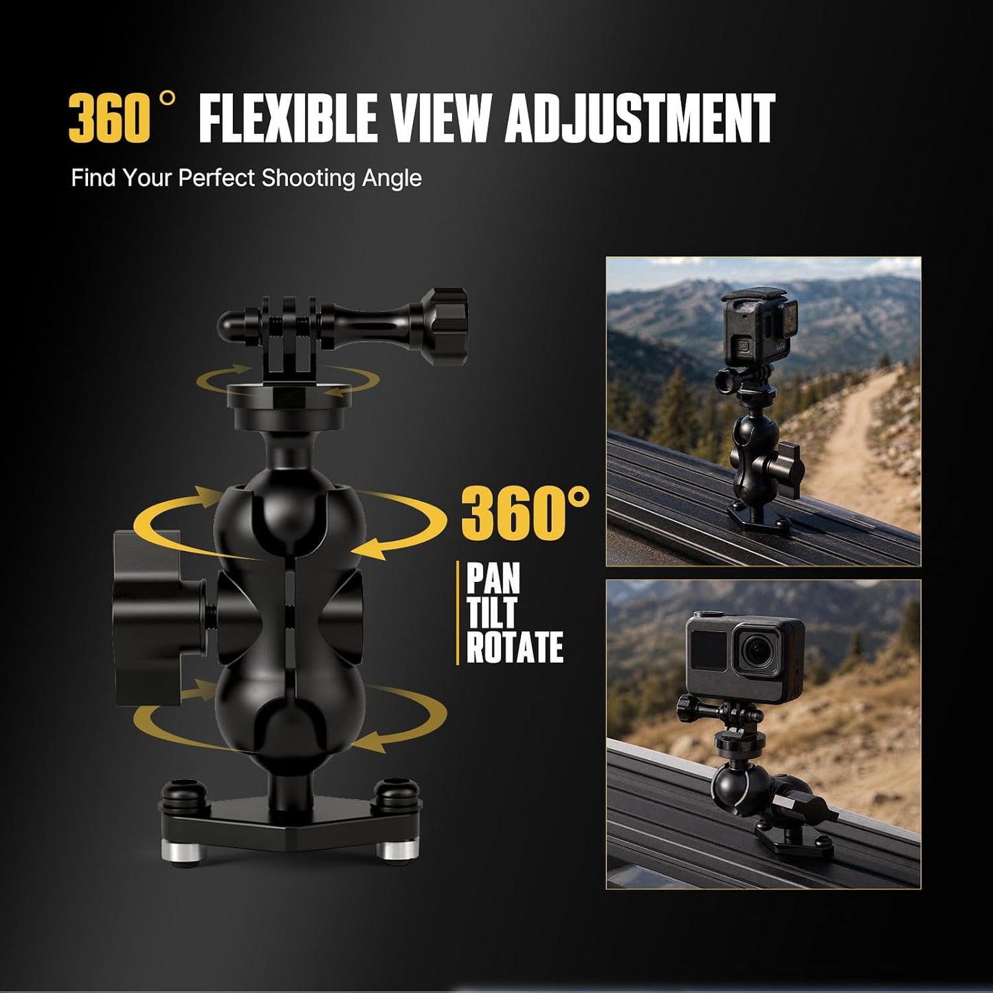 BUNKER INDUST Universal Roof Rack Action Camera Mount Bracket, 360° Adjustable Camera Holder Compatible with GoPro, DJI, Insta360 for Vehicle T-Slot Platform Cross Bar Off-Road Overlanding Camping