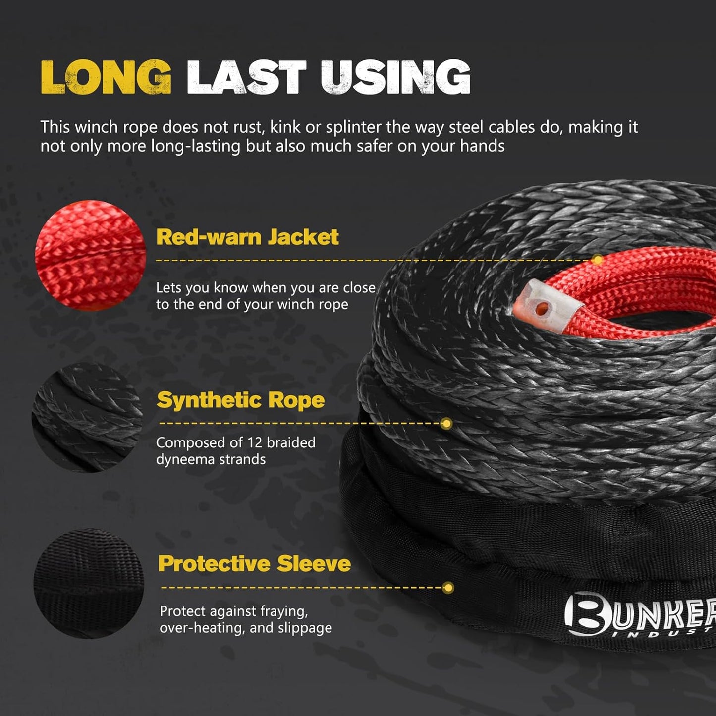 BUNKER INDUST Synthetic Winch Rope Kit,3/8" x 100' 23809LBS Winch Line Cable Replacement with Protective Sleeve+Winch Fairlead+Hook for 4WD Off Road Vehicle Jeep Truck ATV UTV SUV(Black)