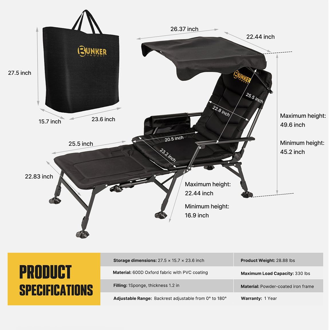 BUNKER INDUST Foldable Camping Chair with Canopy and Extended Footrest, Adjustable Backrest & Legs, Supports 330 Lbs, Portable Folding Outdoor Chair with Shade for Beach Camping Fishing RV Lake