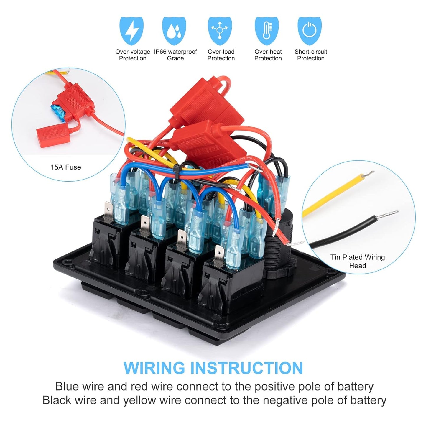 BUNKER INDUST 4 Gang Rocker Switch Aluminum Panel with Dual USB Port Charger Socket & Cigarette Lighter Socket Blue LED Light Waterproof On Off Toggle Switch for 12V/24V DC Marine Boat Truck Car ATVs