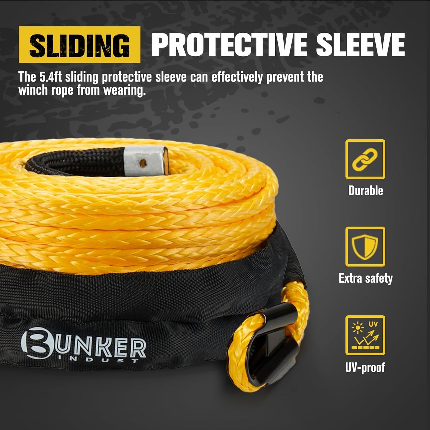 BUNKER INDUST 3/8" x 100' Synthetic Winch Rope, 25000LBS Winch Cable with Protective Sleeve 100ft Winch Line Replacement for Off-Road Vehicles, Trucks, SUVs