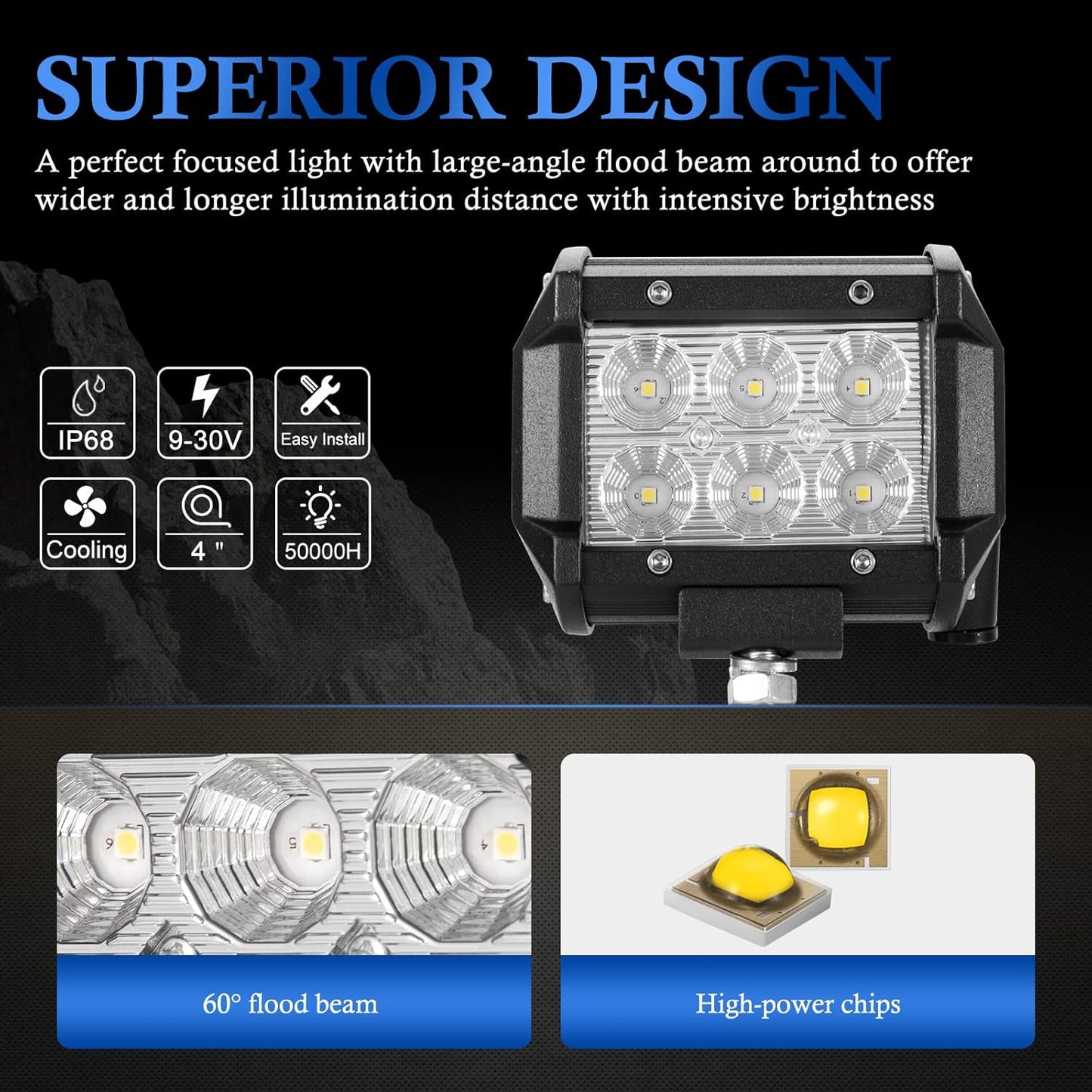 BUNKER INDUST 8Pcs 18W LED Light Pods 4 Inch Flood Beam Cube Work Lights Off Road Driving LED bars for Trucks Tractor UTV ATV Marine Golf Cart
