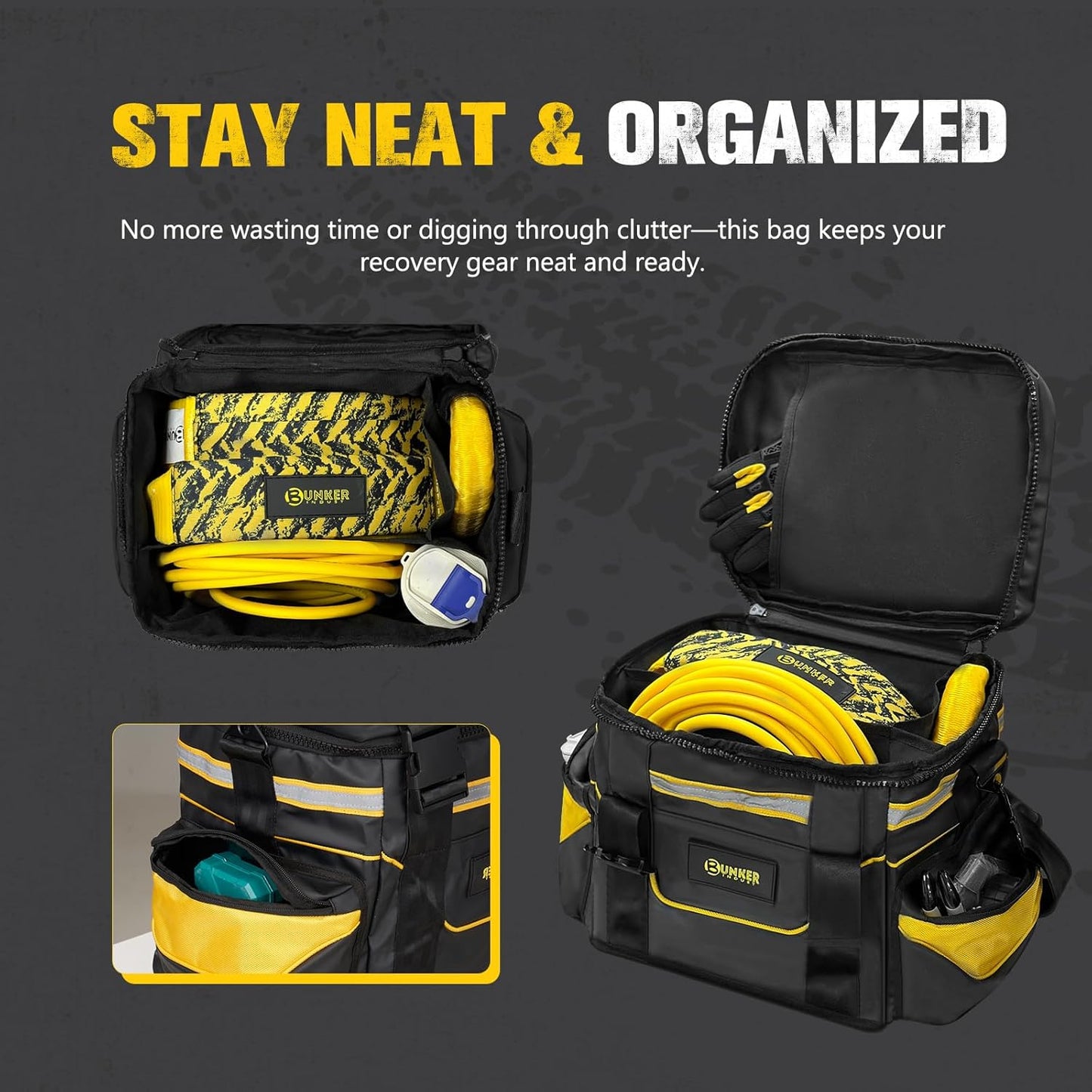 BUNKER INDUST Heavy Duty Large Recovery Gear Bag with Shoulder Strap, Reflective Strips, Multi-Pockets for Offroad Accessories & Tool Organizer