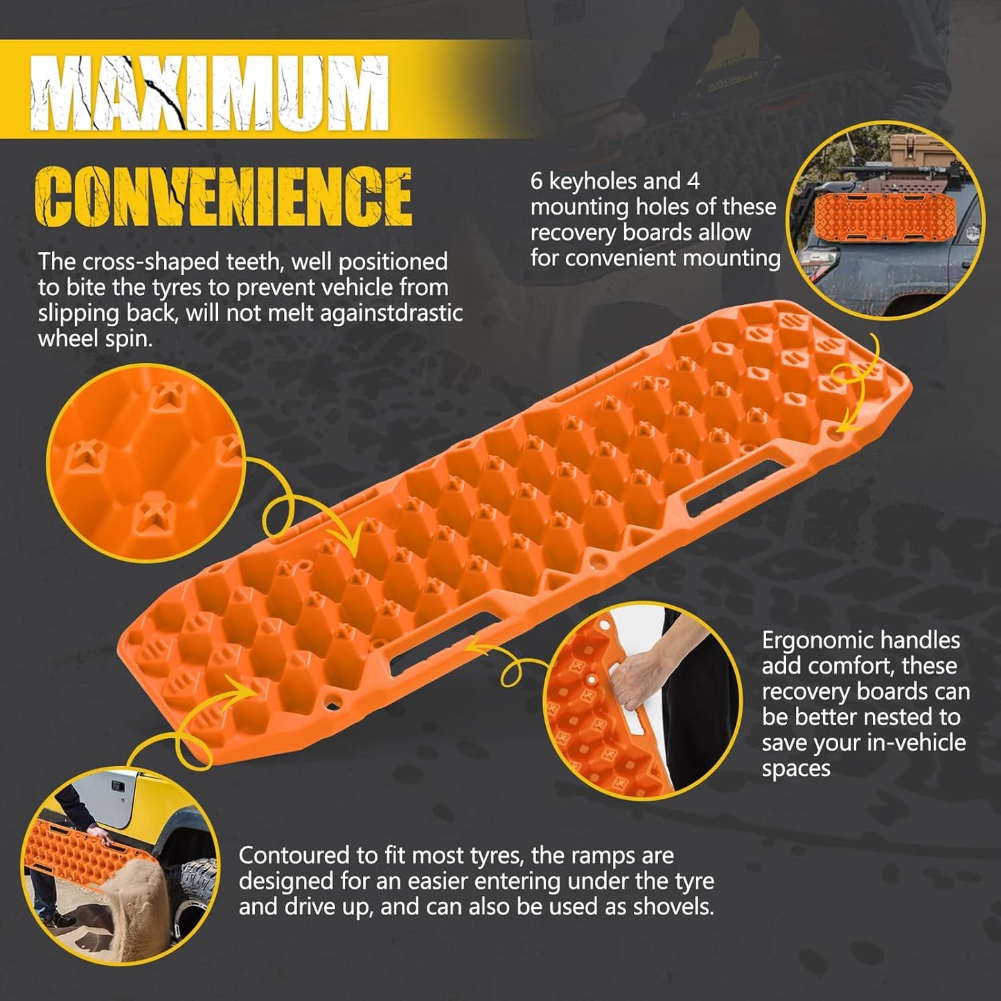 BUNKER INDUST Off Road Traction Boards, Pair Recovery Tracks Traction Mat for Vehicle Truck Jeep SUV, Mud, Snow, Sand Ramp-Orange Emergency Tire Traction Pads (Gen 10th)