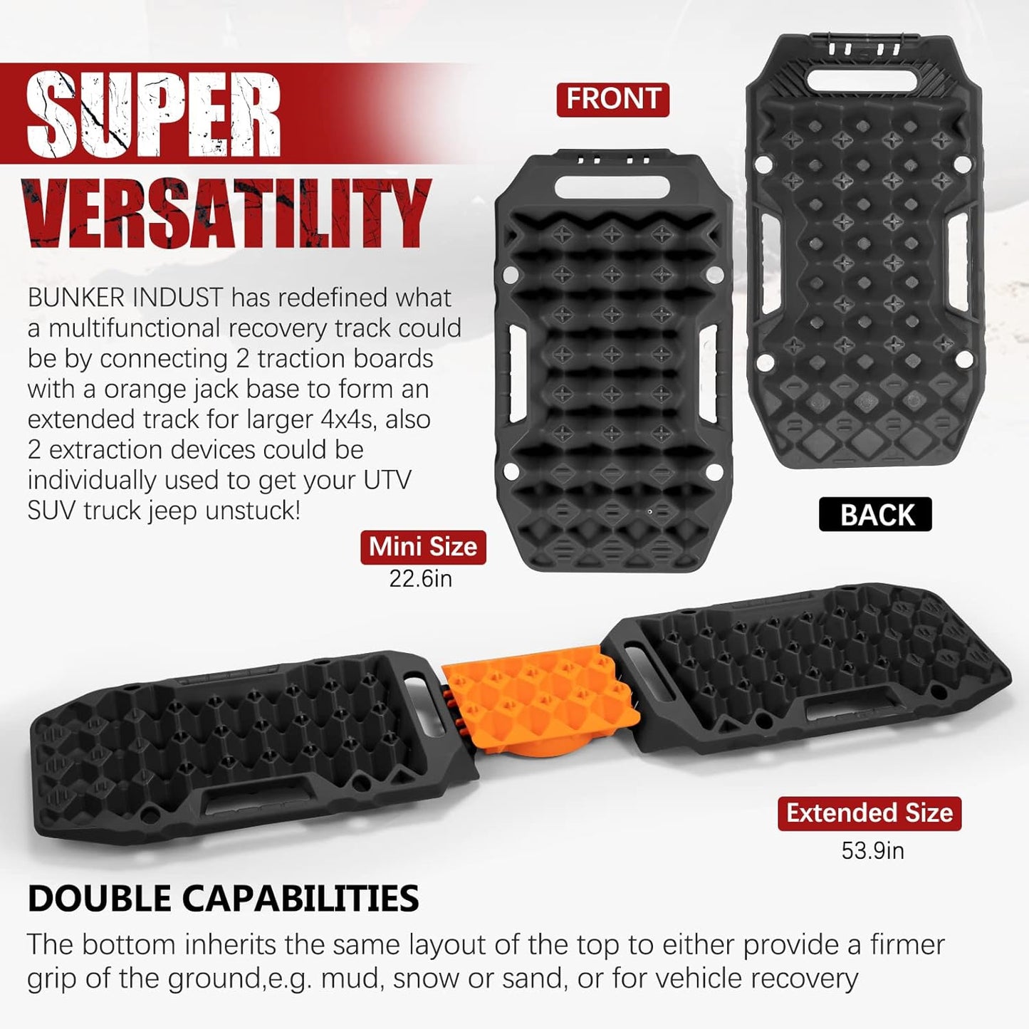 BUNKER INDUST Offroad Traction Boards with Jack Base,Multifunctional Extendable Recovery Track Tire Traction Mat Snow Mud Sand Tracks-4X4 ATV UTV SUV Truck Traction Pads with Bag, Black (Gen 8)