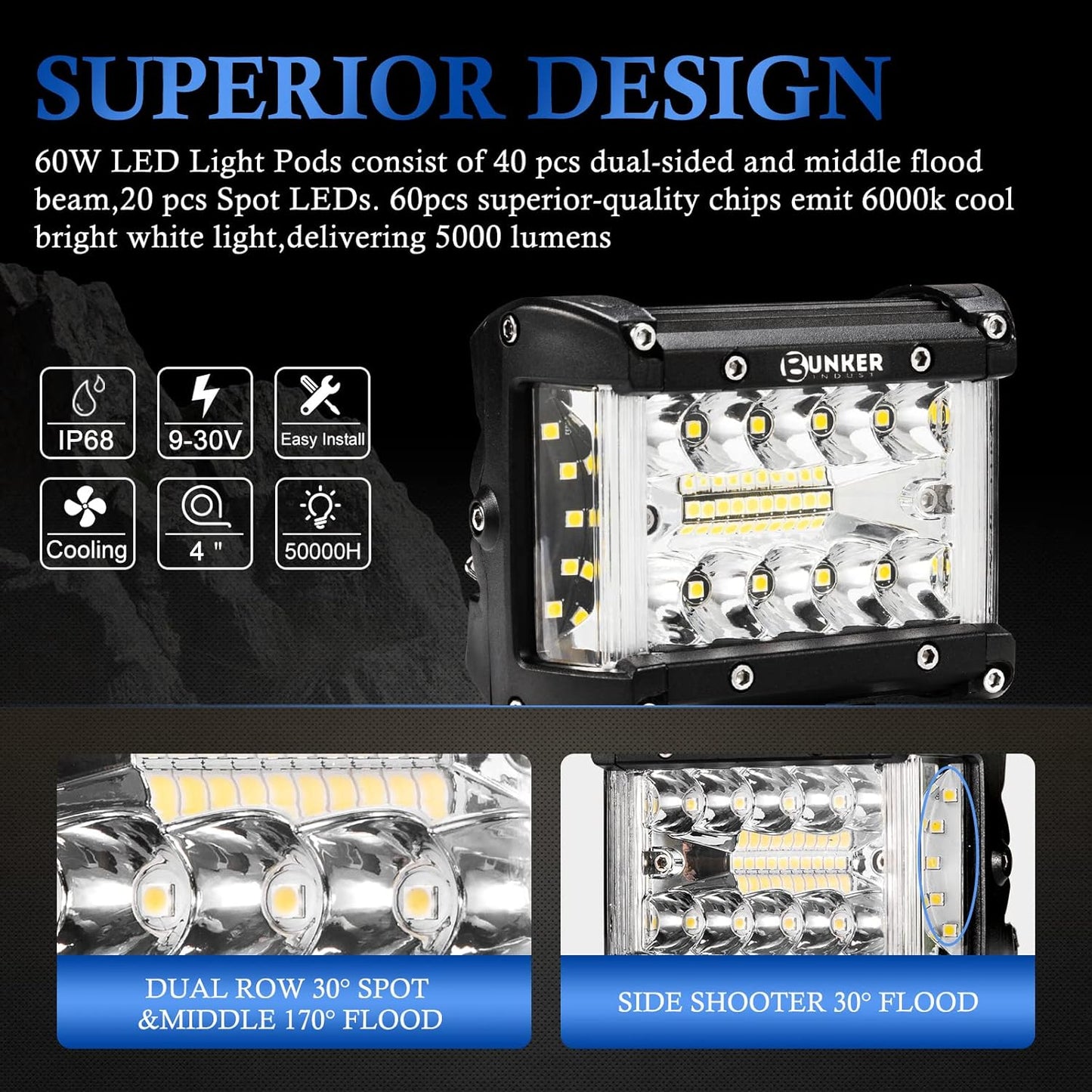 BUNKER INDUST Side Shooter LED Light Pods Wiring Harness Kit, 2 Pcs 4" Spot Flood LED Light Bar 60W Work Light Waterproof Cube Lights Off-Road Driving Bumper Light for ATV UTV Truck Boat Tractor