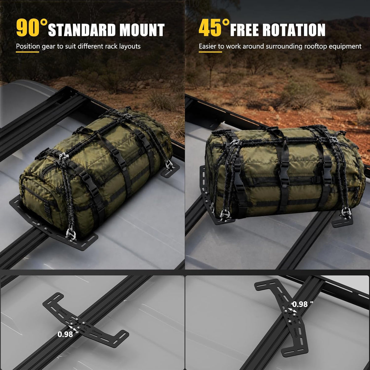 BUNKER INDUST Expansion Mount Bracket for Slotted/T‑Slot Flat Roof Platforms, Universal Roof Rack Adapter Plates, 45°/90° Dual‑Angle, Overland Off‑Road Rooftop Mount for Traction Boards, Cargo Boxes