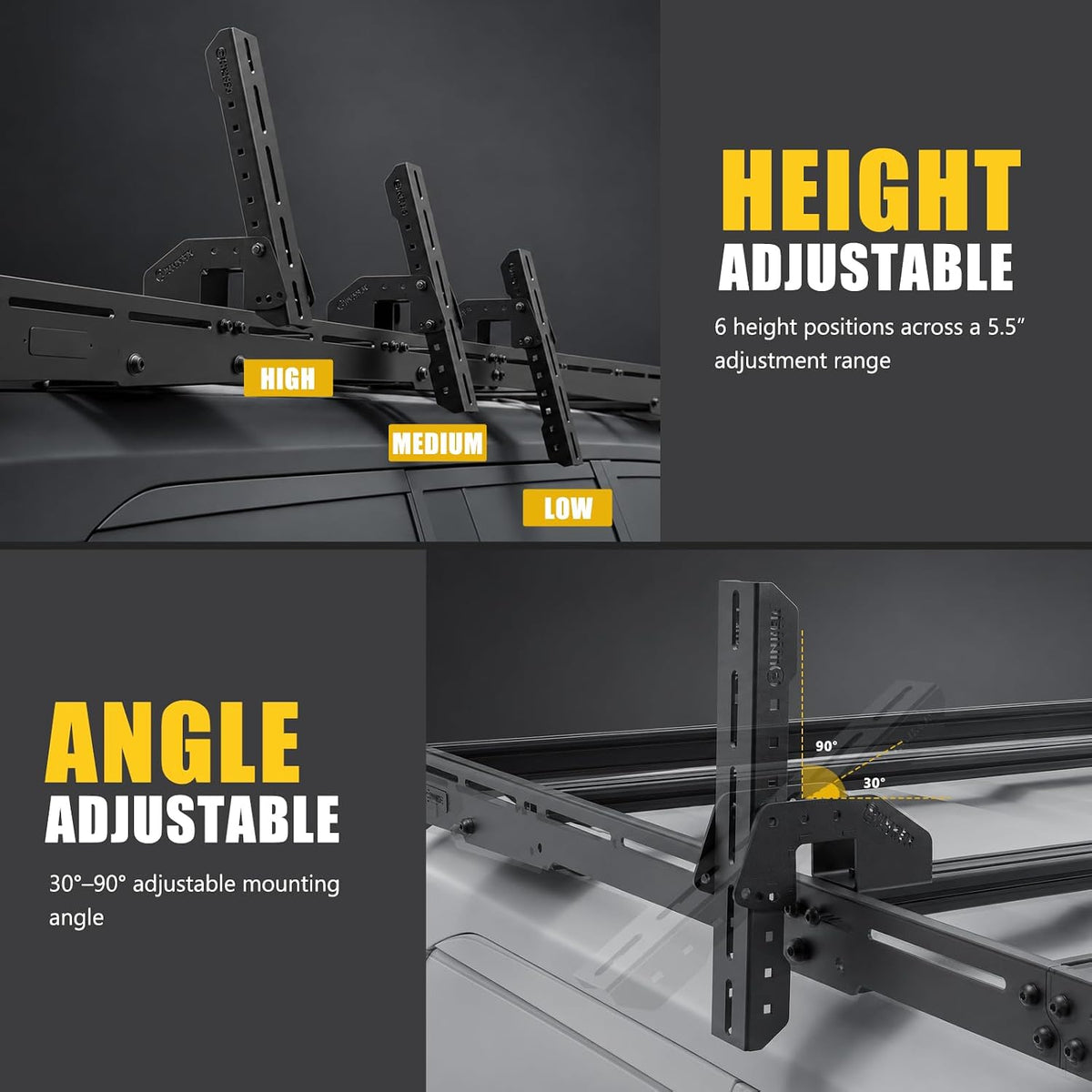BUNKER INDUST Roof Platform Side Mount Bracket, 30°-90° & 6-Position Adjustable Multi-Purpose Offroad Gear Holder, Fits Most Slotted Roof Rack, for Fuel Can, Traction Board, 4x4 Overland Equipment