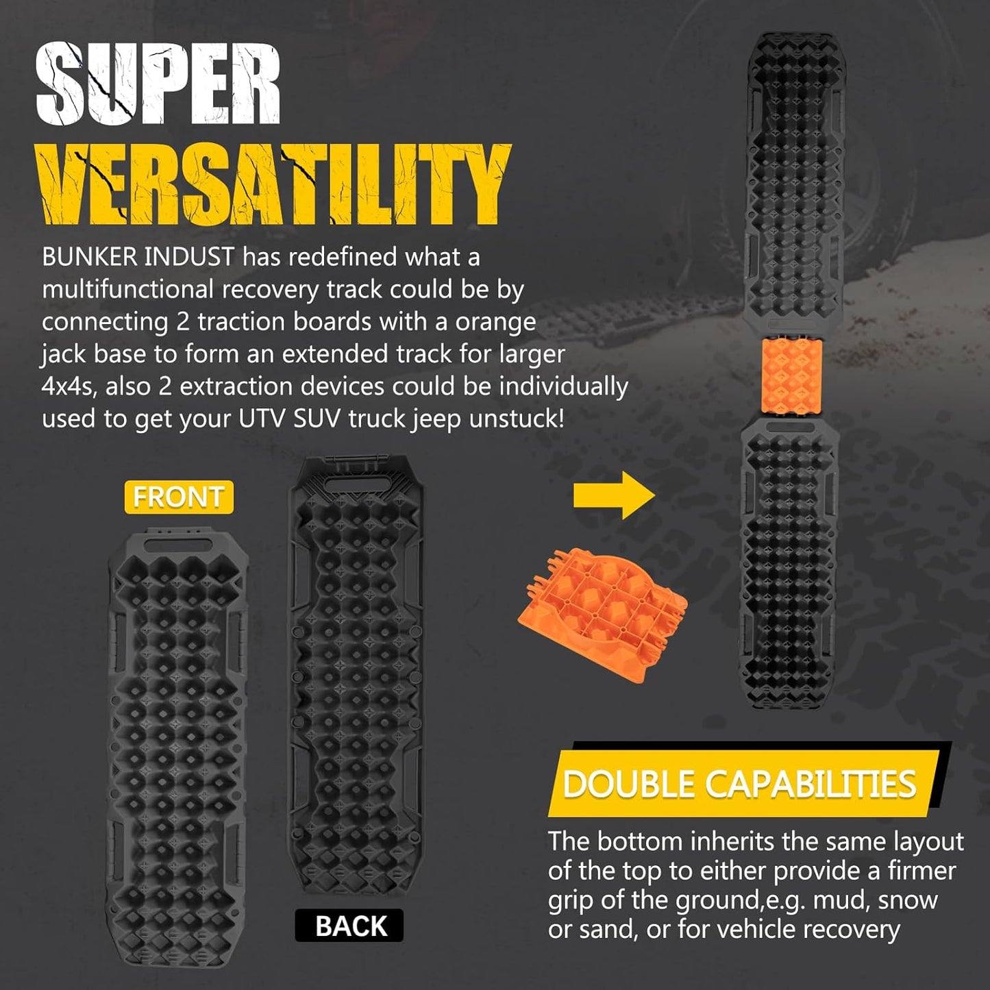 BUNKER INDUST Off-Road Traction Boards with Jack Lift Base,2 Pcs Multifunctional Recovery Track Ramp Traction Mat for 4WD UTV SUV Truck-Mud, Sand, Snow Tire Traction Devices Black with Carry Bag