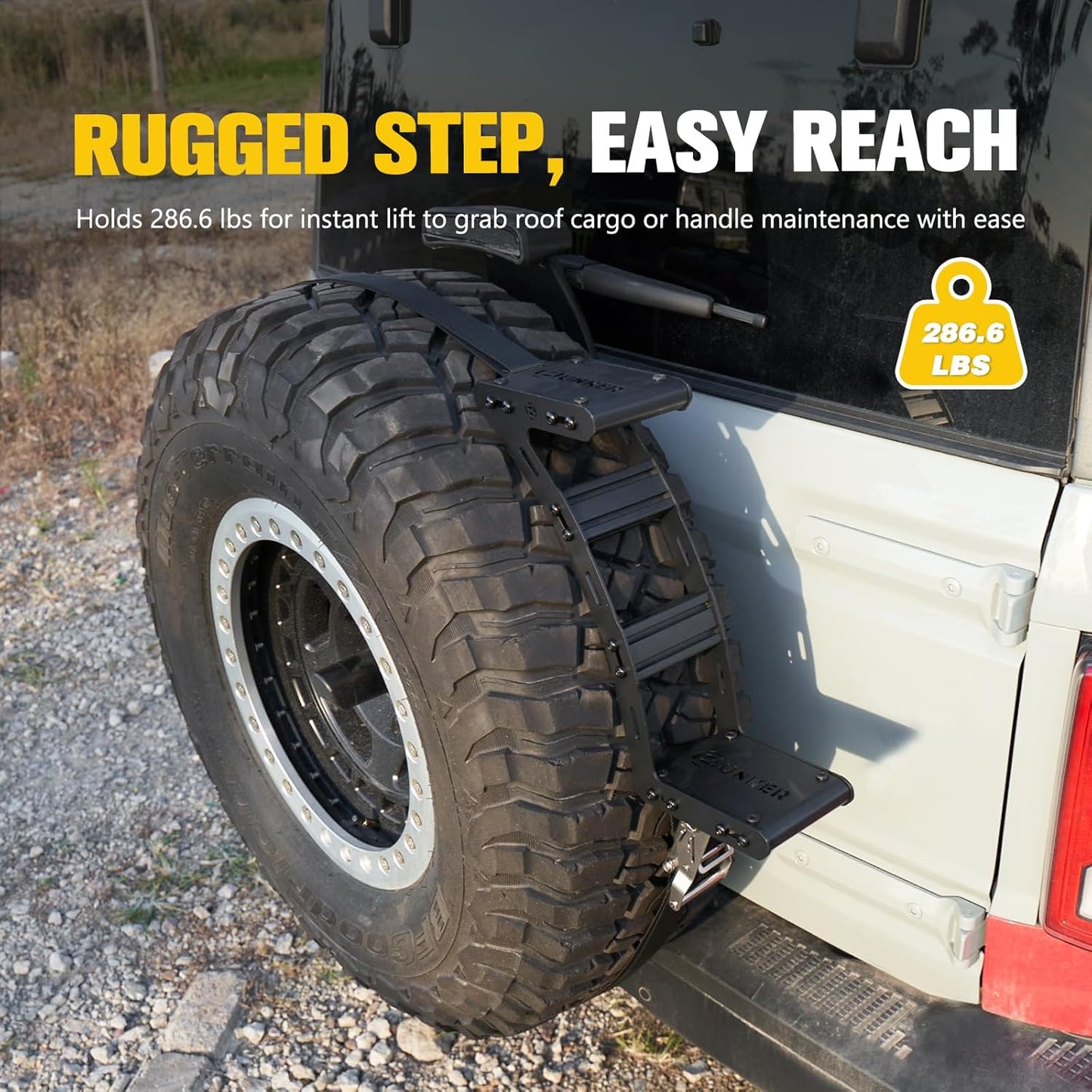 BUNKER INDUST Spare Tire Step with Ratchet Strap for 31"-40" Tires, Heavy Duty Spare Wheel Step Nonslip Ladder for Vehicle Car SUV Roof Rack Cargo Access