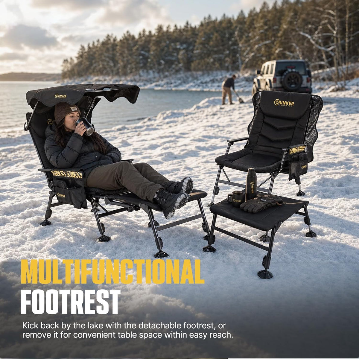 BUNKER INDUST Foldable Camping Chair with Canopy and Extended Footrest, Adjustable Backrest & Legs, Supports 330 Lbs, Portable Folding Outdoor Chair with Shade for Beach Camping Fishing RV Lake