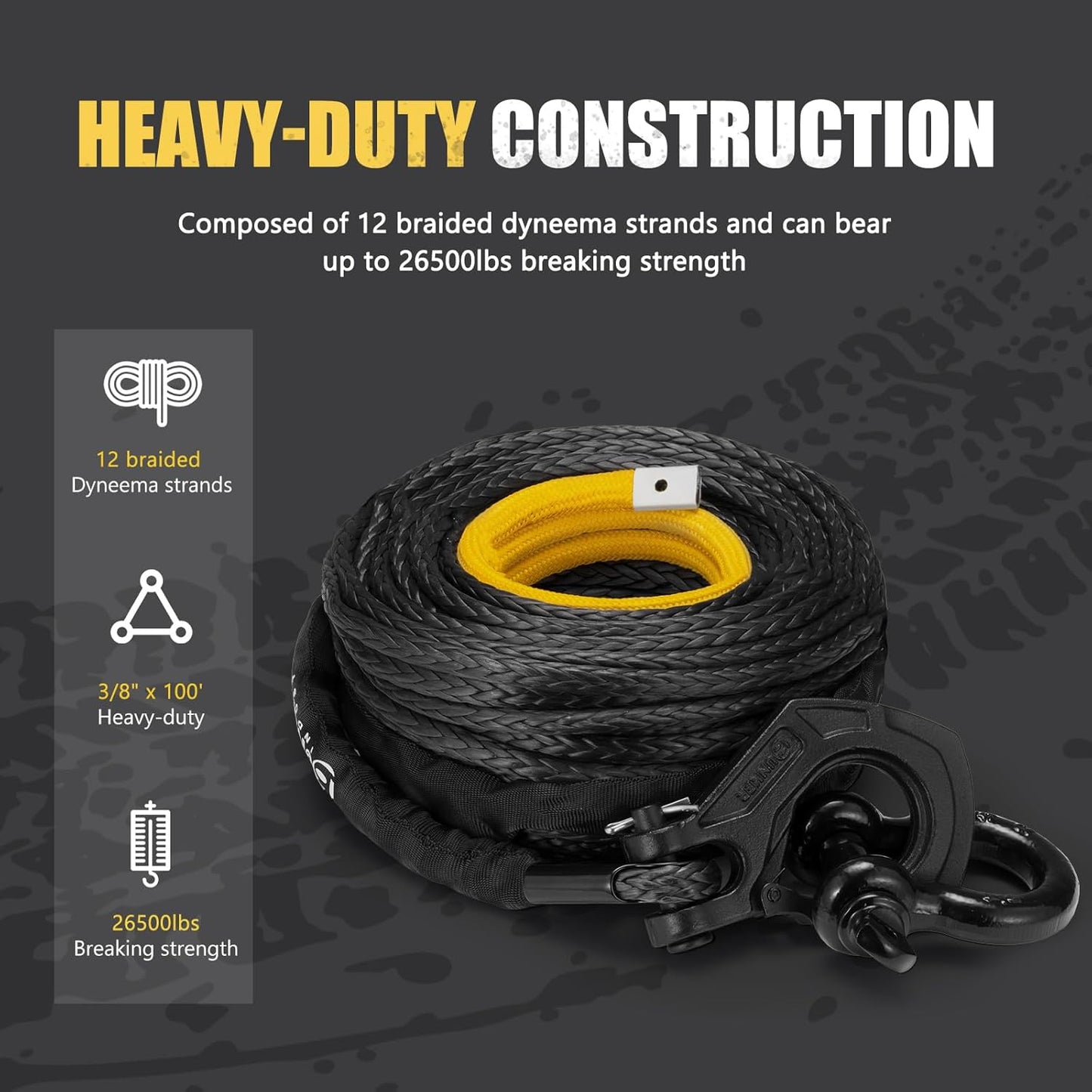 BUNKER INDUST Synthetic Winch Rope + D-Ring Shackle + Winch Hook,100ft x 3/8" 26500Lbs Winch Cable Replacement Kit with Protective Sleeve for Truck, Jeep Off-Road Recovery