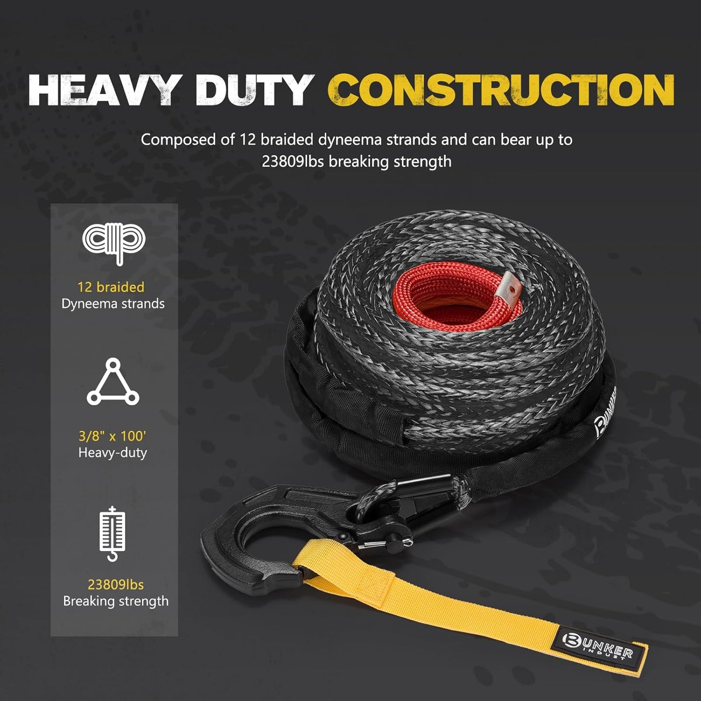 BUNKER INDUST Synthetic Winch Rope Kit,3/8" x 100' 23809LBS Winch Line Cable Replacement with Protective Sleeve+Winch Fairlead+Hook for 4WD Off Road Vehicle Jeep Truck ATV UTV SUV(Black)