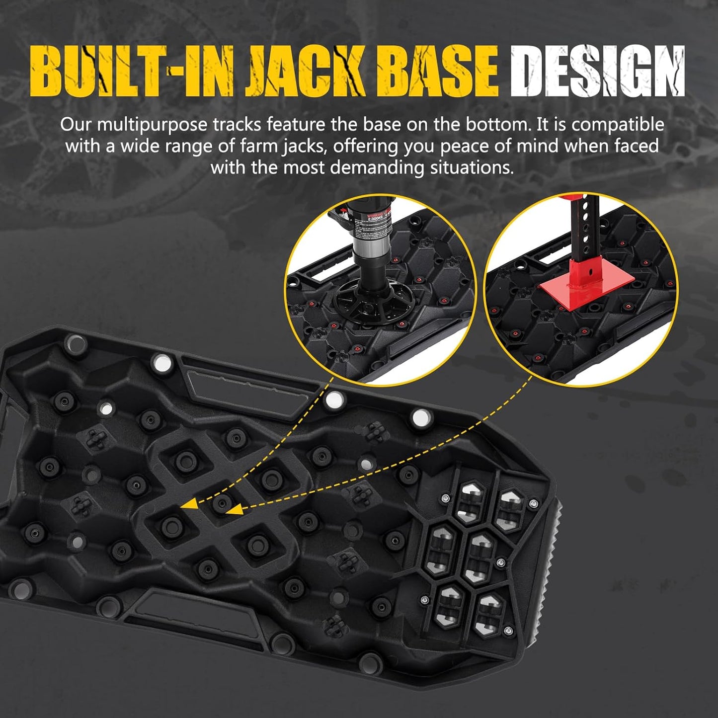 BUNKER INDUST Offroad Traction Boards with Jack Base, Pair Portable Recovery Track Tire Traction Mat - Black Sand,Mud,Snow Tracks(Replaceable Dual Colors Teeth/Rugged Steel Plate), Gen 12th