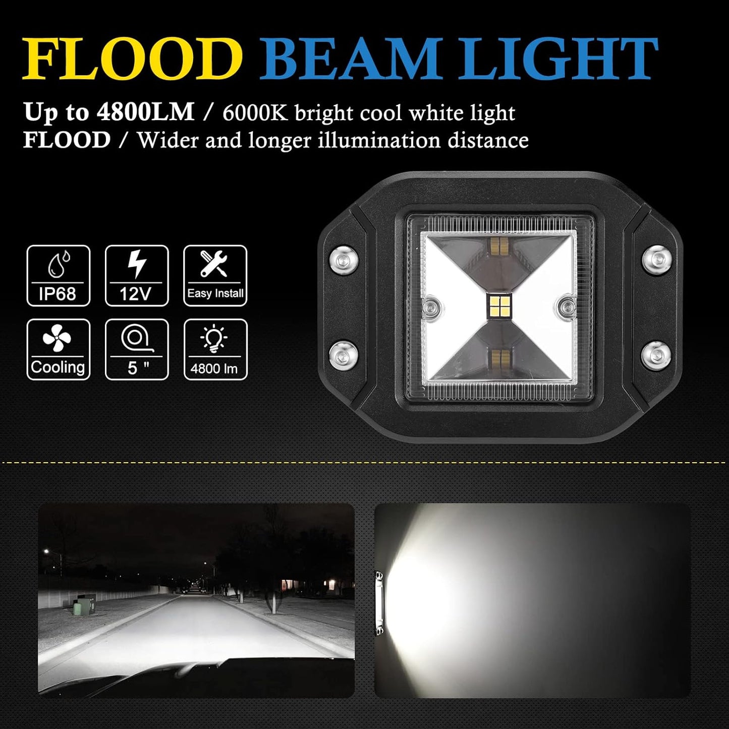 BUNKER INDUST 5" Inch Flood LED Light Pods, Pair Flush Mount LED Work Light 4800LM Light Bar Backup Driving Lights Waterproof for Truck Tractor Off Road 4x4 Jeep Pickup SUV ATV UTV Golf Cart