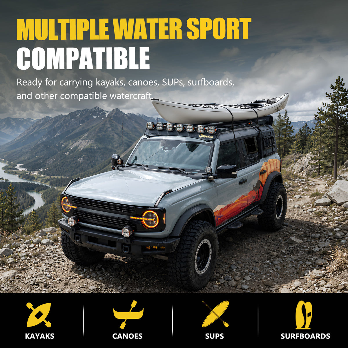 BUNKER INDUST Kayak Roof Rack Saddles, 4-Pcs Stainless Steel Kayak Carrier for Slotted Roof Platforms, EVA Padding & Tie-Down Straps, 110 lbs Capacity for Kayak Canoe SUP Surfboard, Black