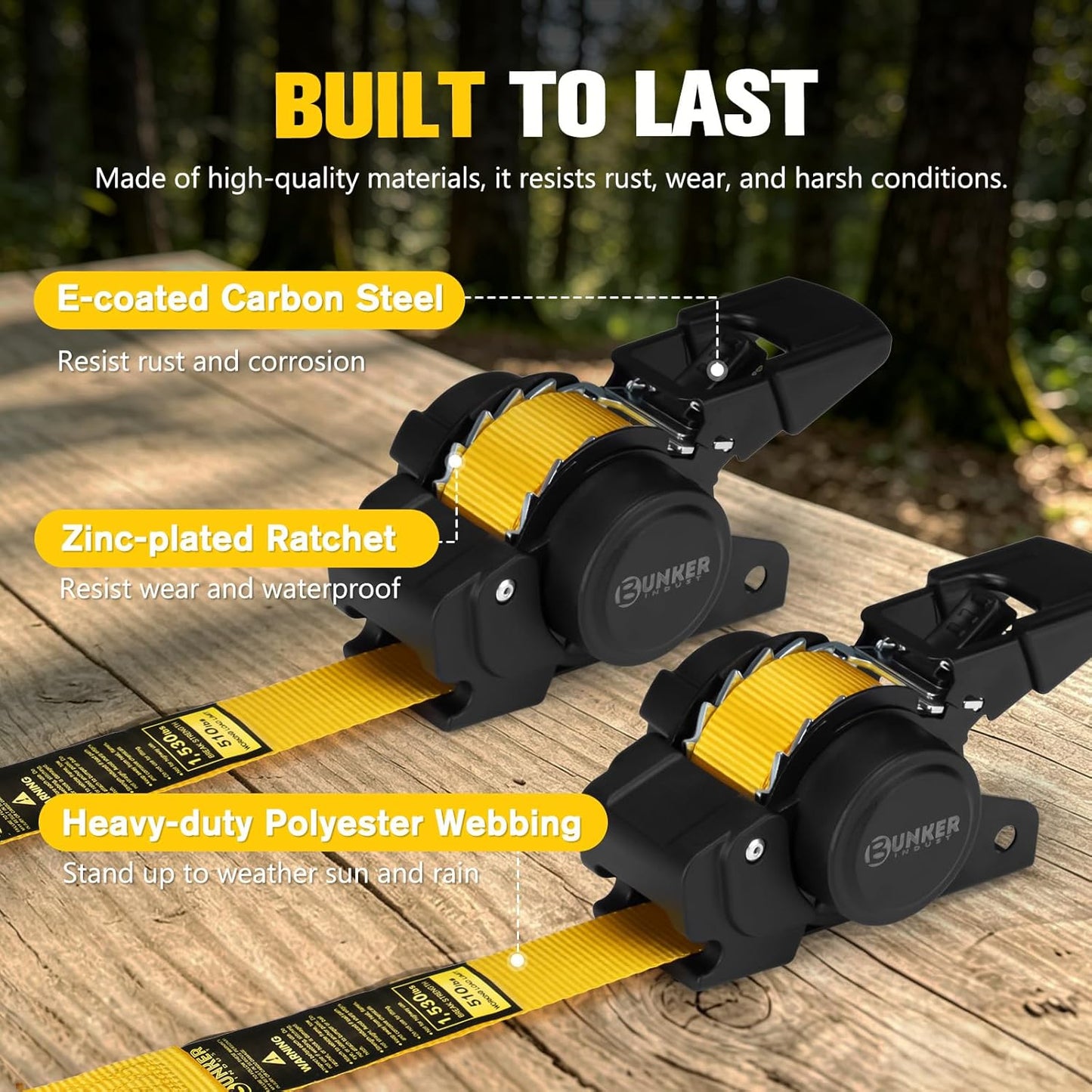 BUNKER INDUST Retractable Ratchet Straps 1" x 10', 2 Pack Bolt-On Tie Down Straps with Safety S-Hooks, Auto Self-Retracting Cargo Straps 1,530 lbs Break Strength for Boat, Trailer, Truck, ATV, UTV