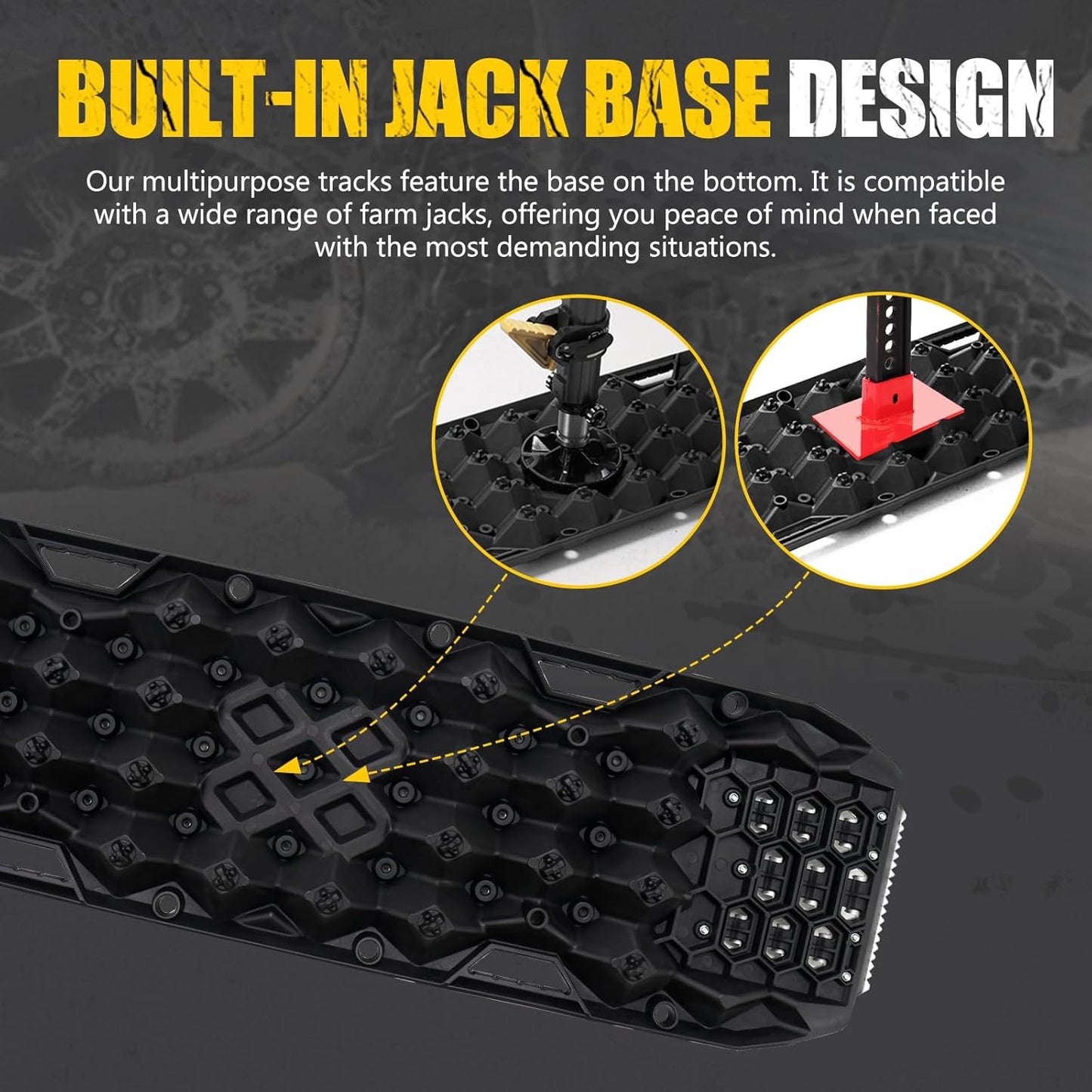 BUNKER INDUST Offroad Traction Board with Jack Base,Pair 47.24" L x 14" W Recovery Track Tire Traction Mat -Black Sand,Mud,Snow Ramps (Replaceable Dual Colors Teeth/Rugged Steel Plate) Gen 11th