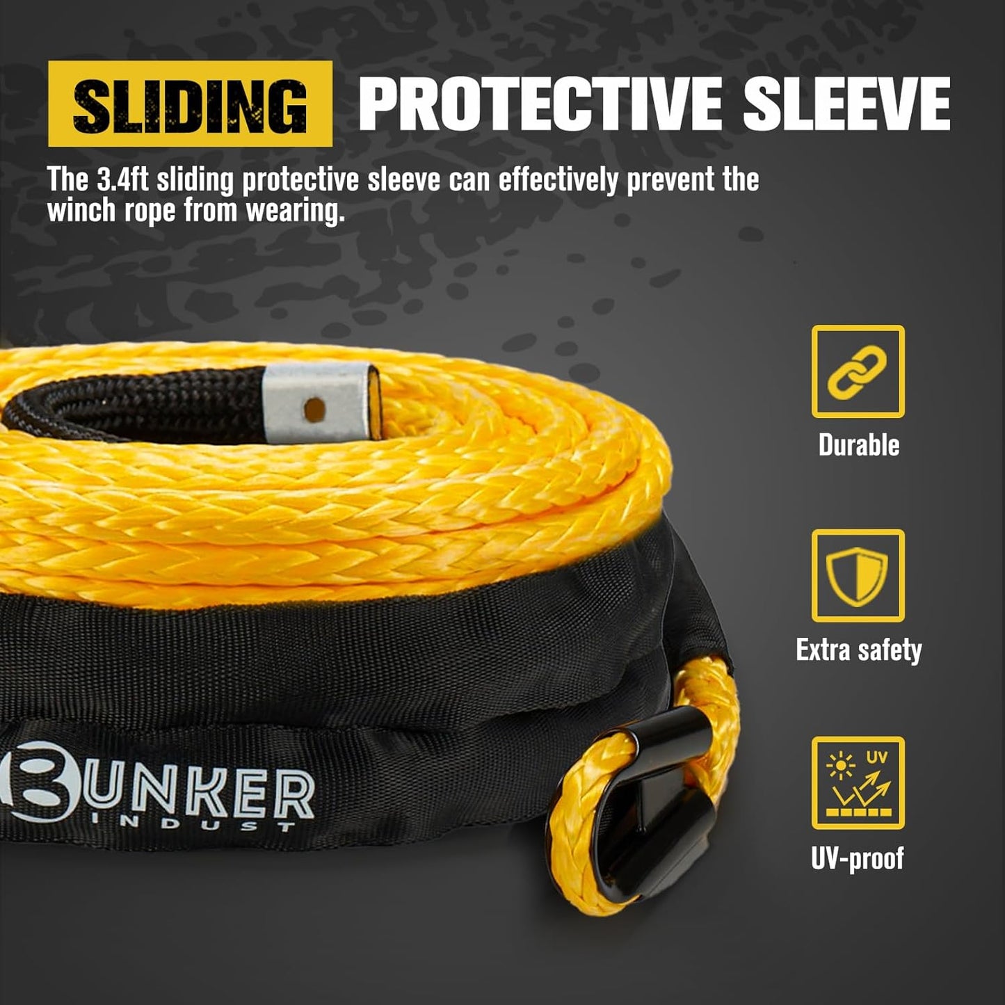 BUNKER INDUST 1/4" x 50' Synthetic Winch Rope with Protective Sleeve, 9500LBS Breaking Strength, Replacement Cable for 4500-6000LBS ATV/UTV Winches