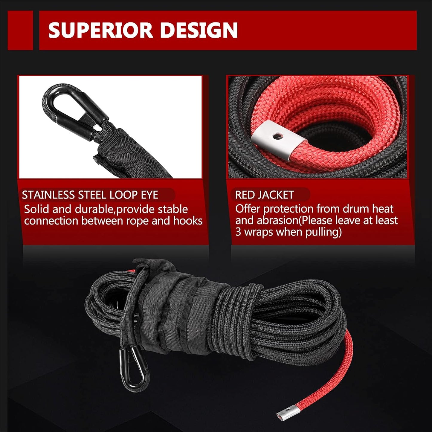 BUNKER INDUST Synthetic Winch Rope 3/8" x 85',26000Ibs Winch Cable Line Extension with Winch Jacket Rope and Sleeve Protection for 4WD 4x4 Offroad Jeep ATV UTV SUV Truck Car Vehicle