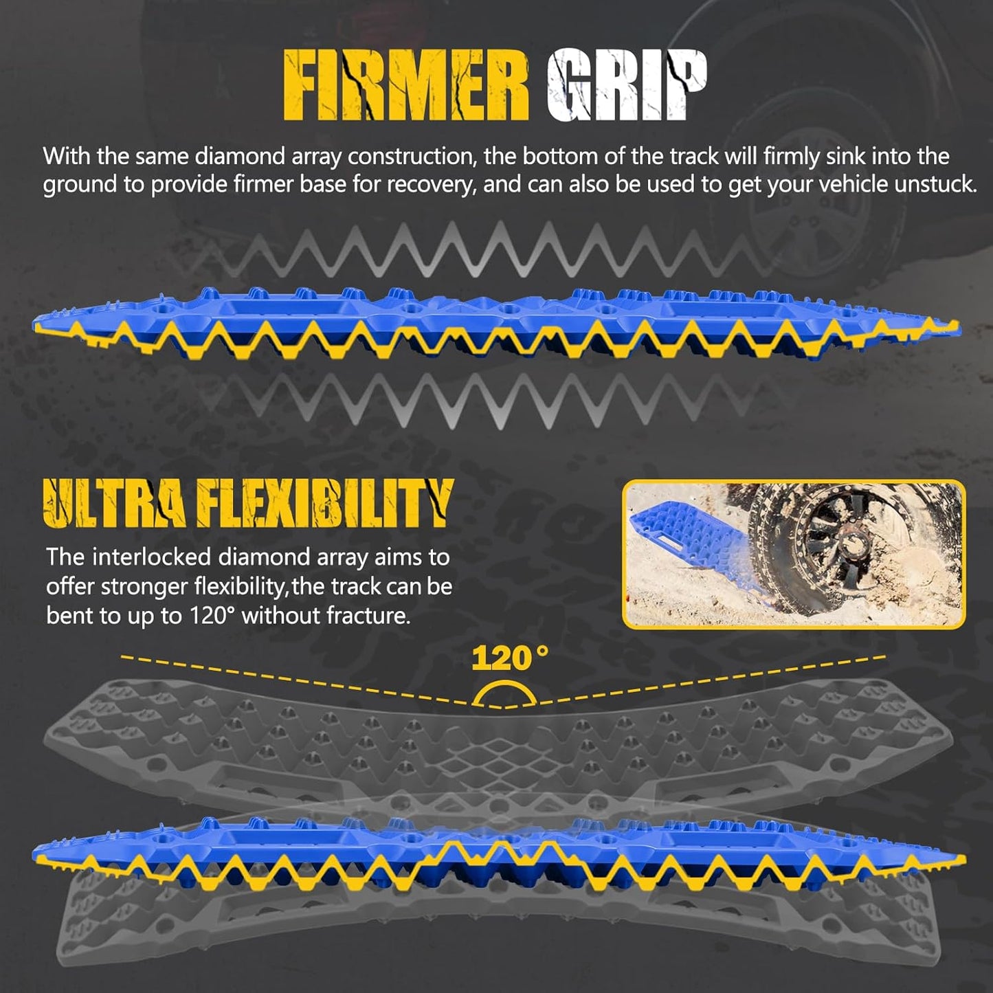 BUNKER INDUST Off-Road Traction Boards with Jack Base,Pair Recovery Track 4X4 Jeep Truck Emergency Tire Traction Mat with Bag -Sand, Mud, Snow Tracks Blue Traction Pad (Gen 7th)