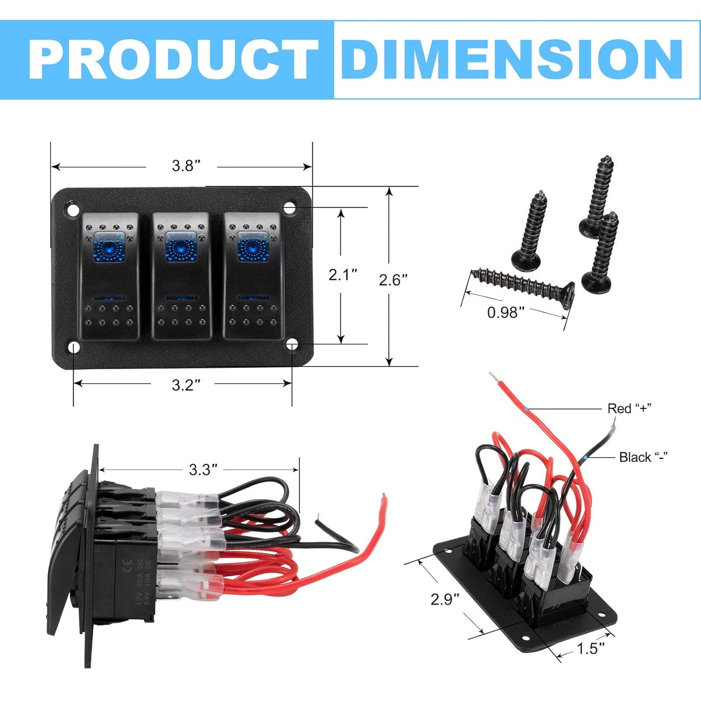 BUNKER INDUST 2 Gang Rocker Switch Aluminum Panel with Blue LED Light Waterproof 5 Pin On Off Toggle Switches for 12V/24V Marine Boat RV Truck Car ATV